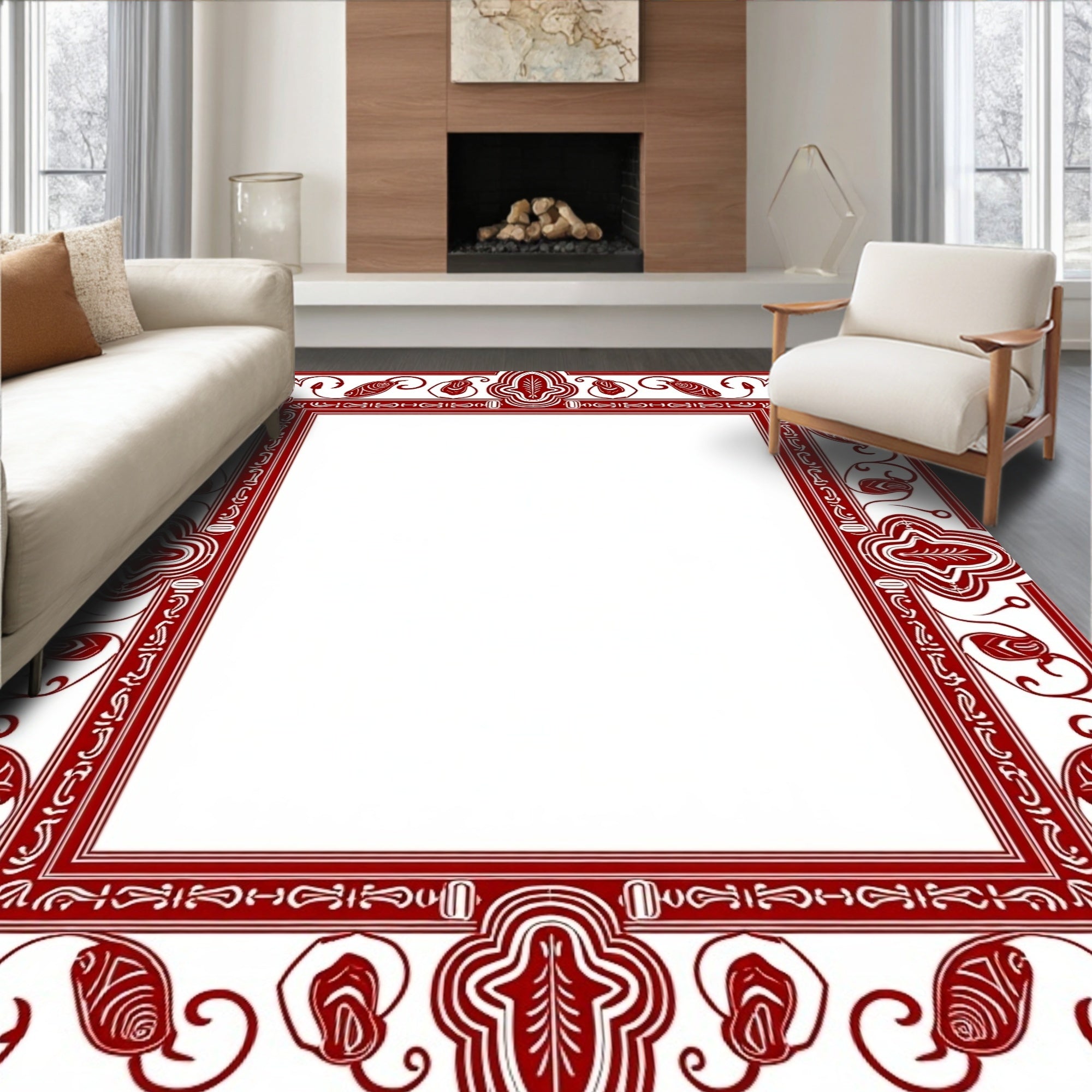 Crimson Red Floral Leaf Border Rug