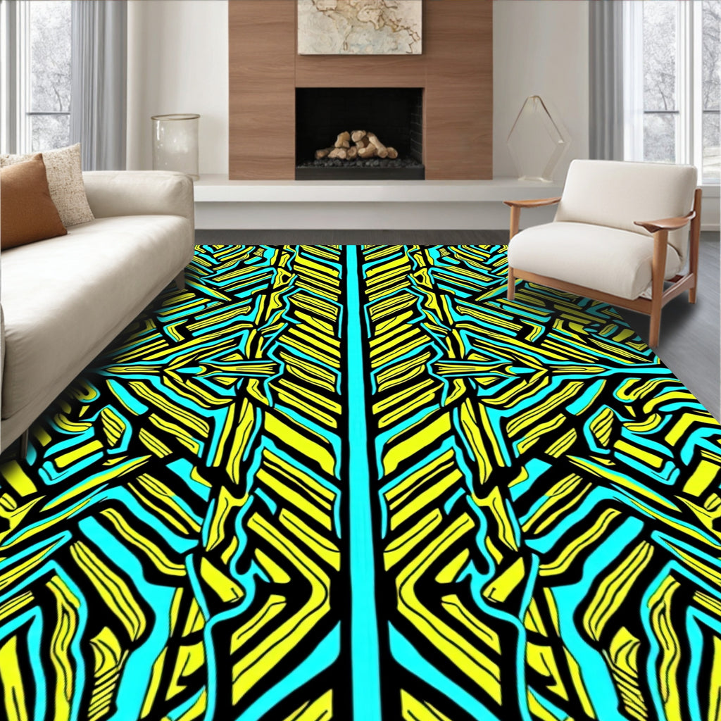 Vibrant Yellow Turquoise Abstract Stripes Rug