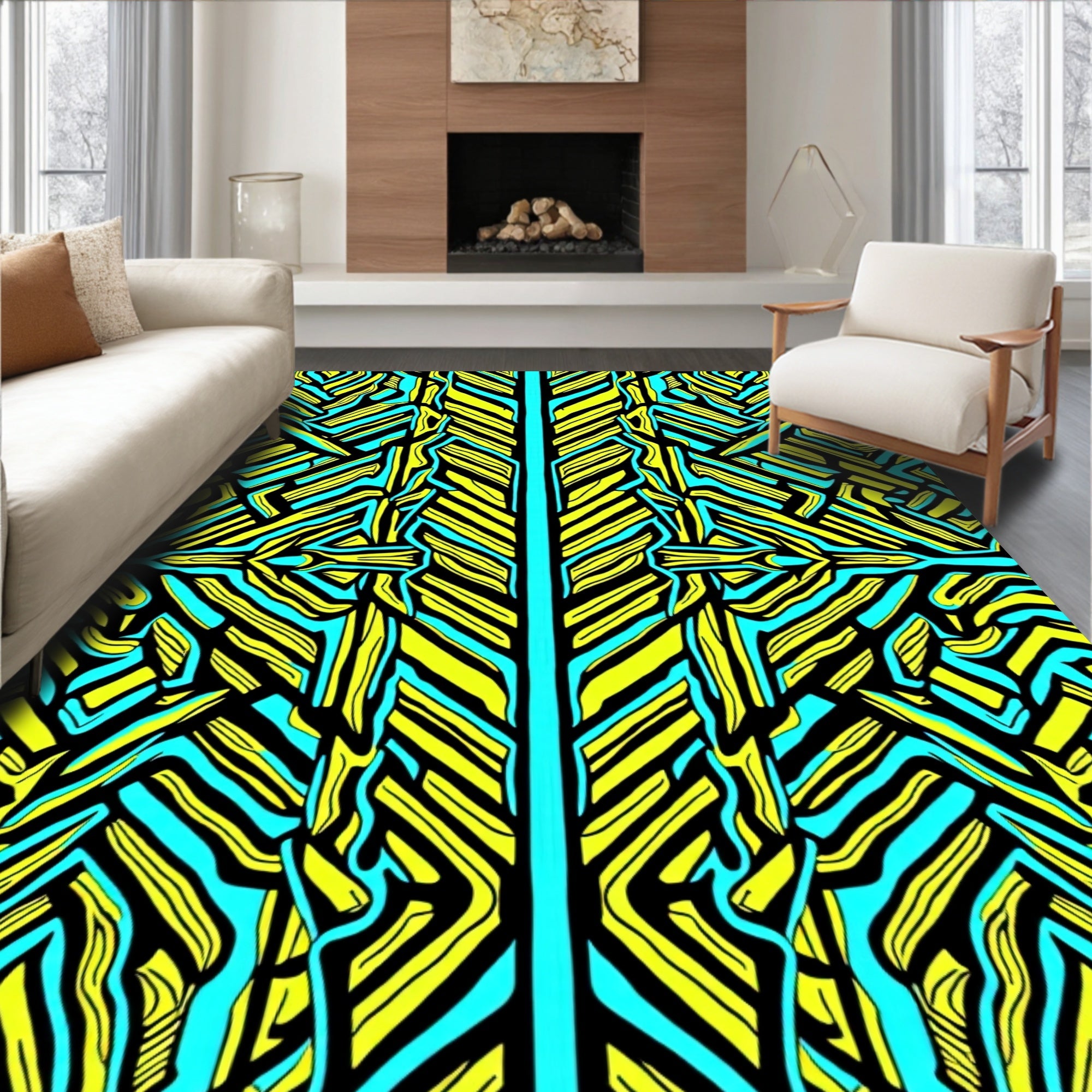 Vibrant Yellow Turquoise Abstract Stripes Rug