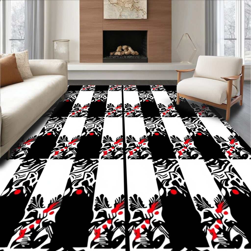 Bold Black White Red Abstract Stripes Rug