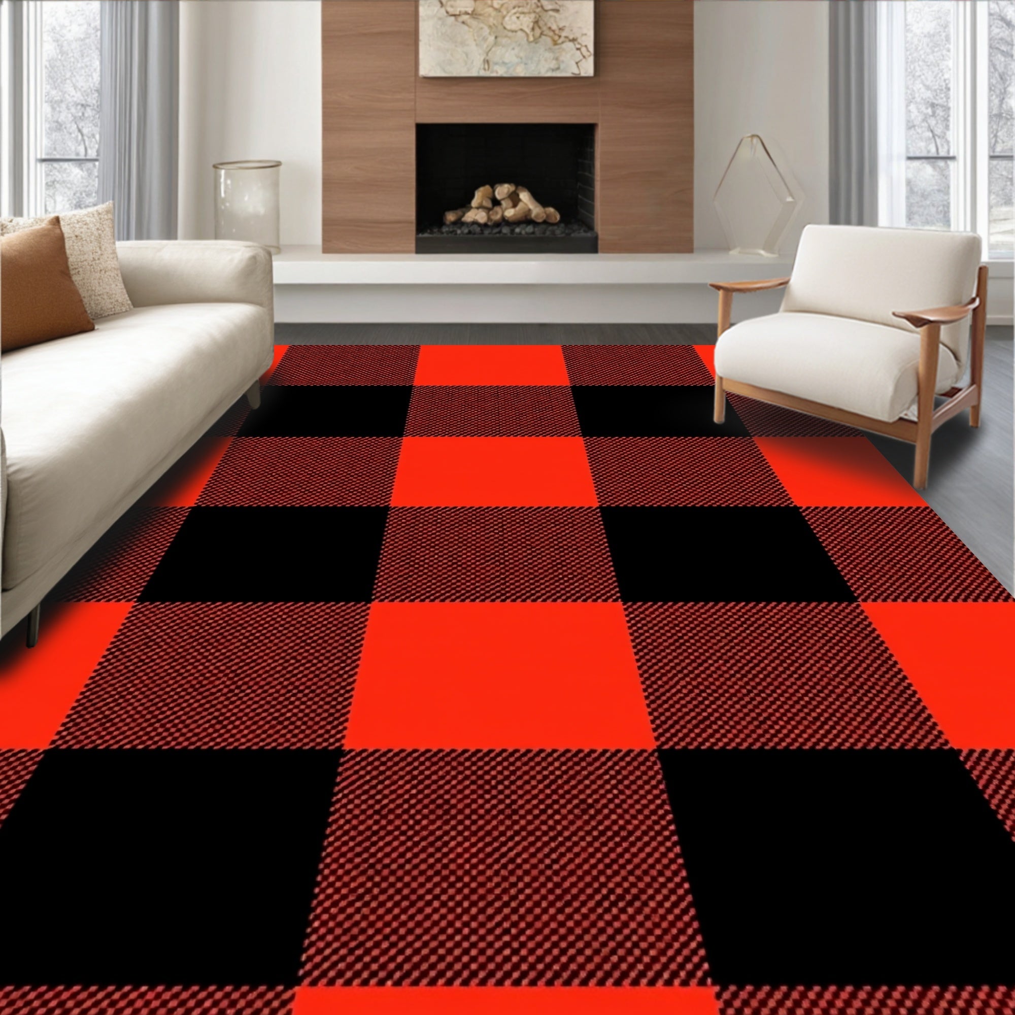 Rustic Crimson Black Gingham squares Rug