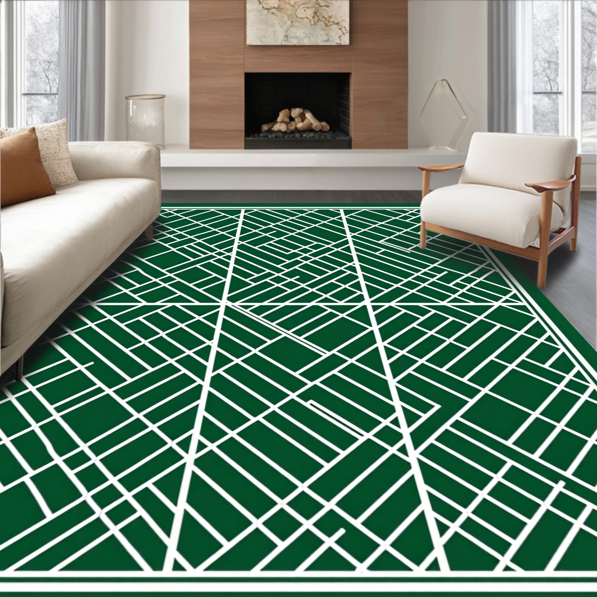 Green White Geometric Linear Grid Rug