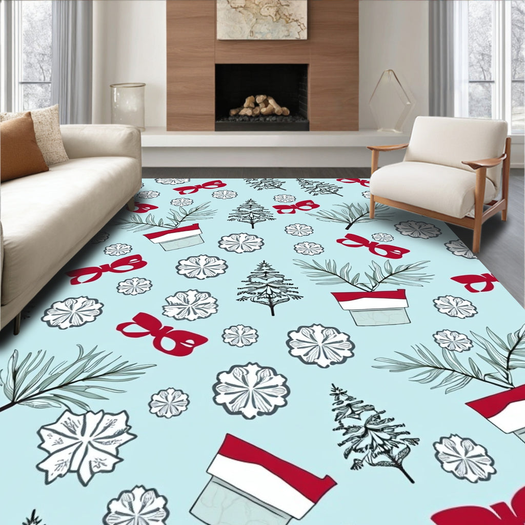 Festive Red Bow Pine Snowflakes Christmas Rug