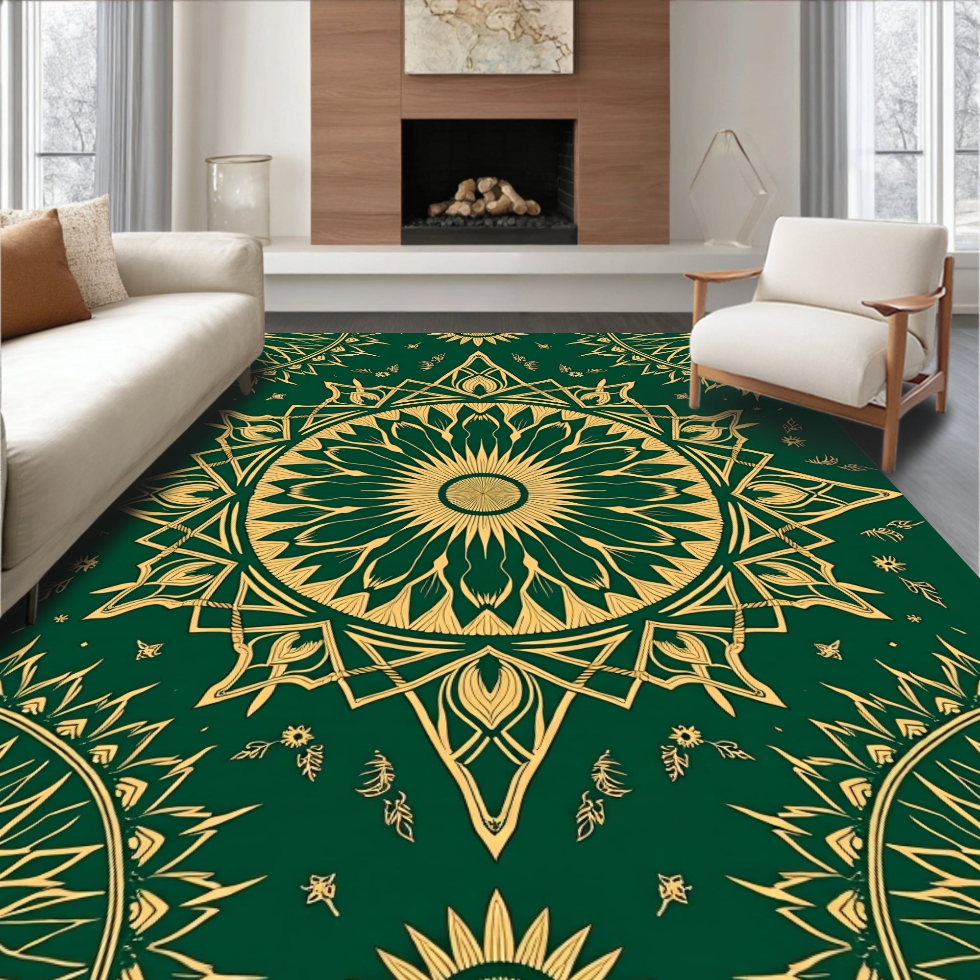 Gold Mandala Nature Inspired Dark Green Rug