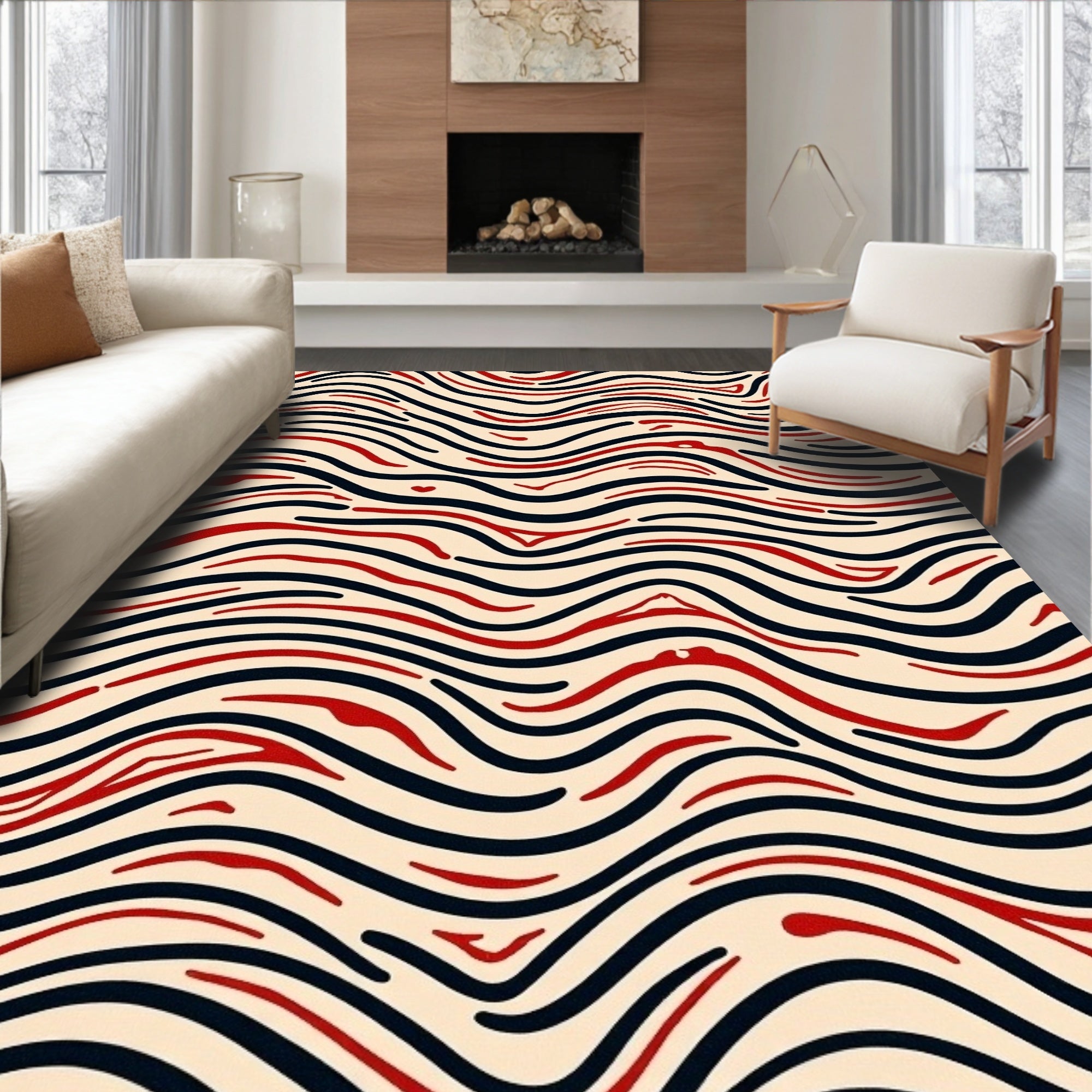 Crimson Black Wavy Stripe Rug