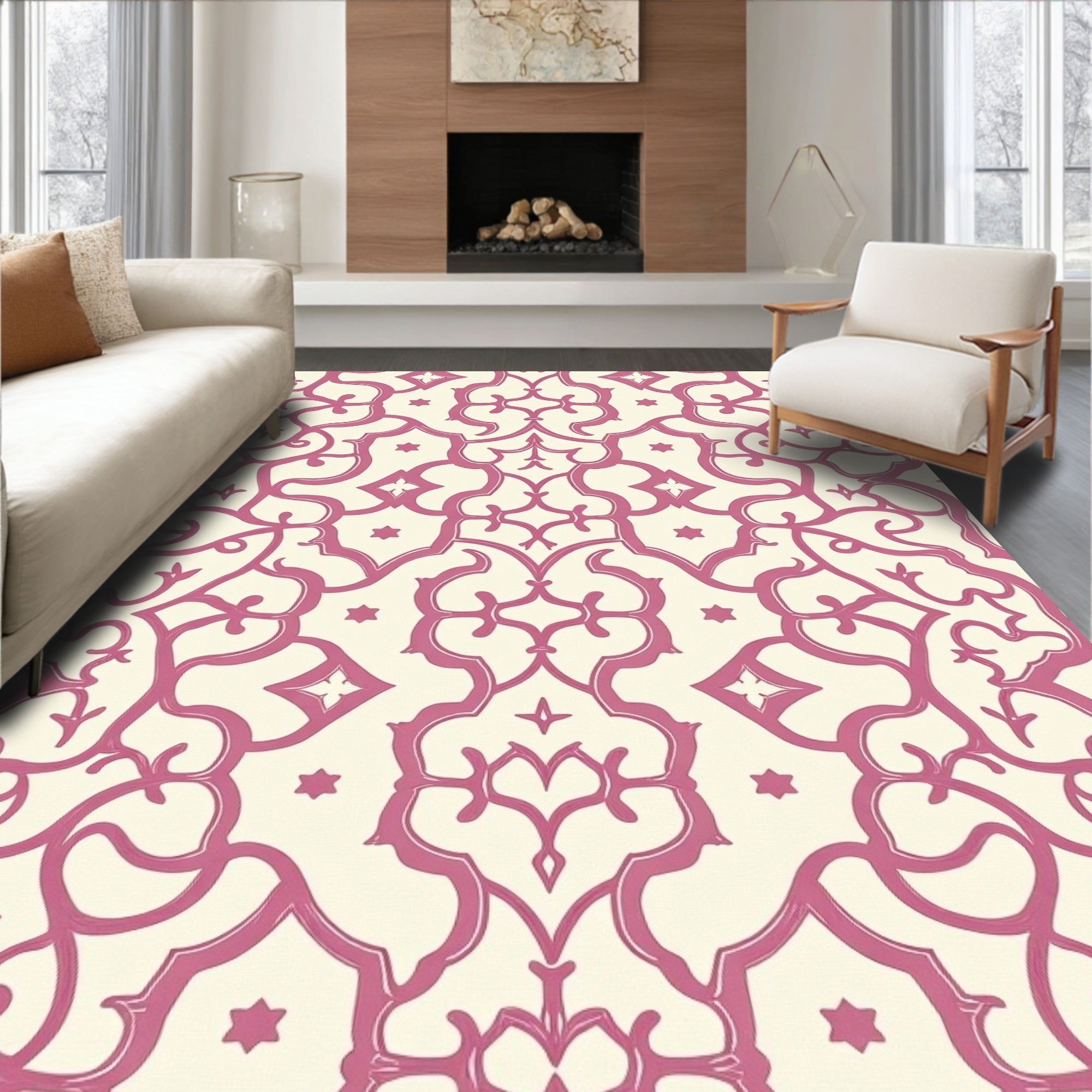 Pink Ivory Scrolling Vine Medallion Rug