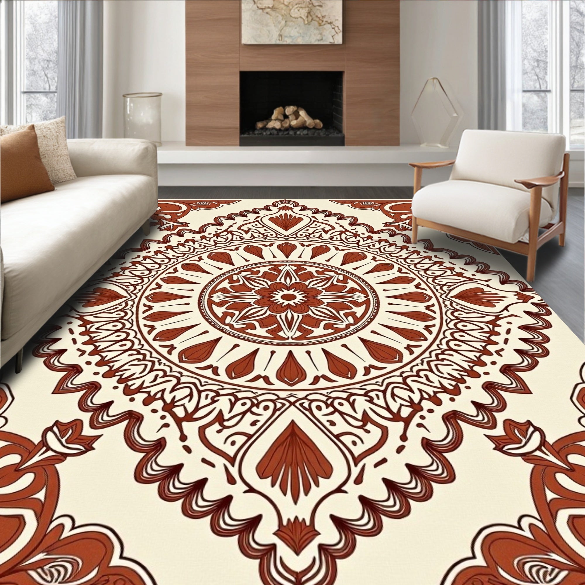 Terracotta Medallion Corner Radiating Folk Art Rug
