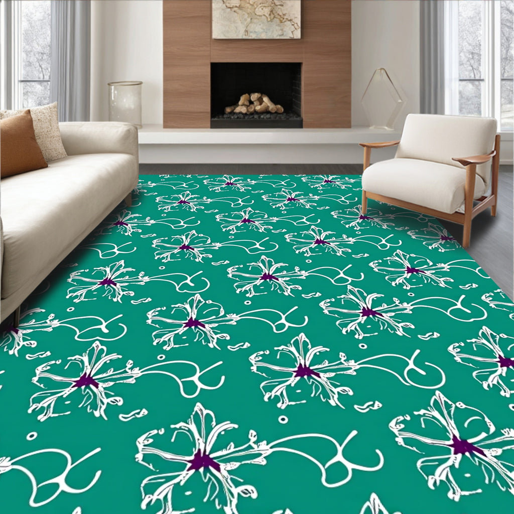 Teal White Floral Whimsical Vine Rug