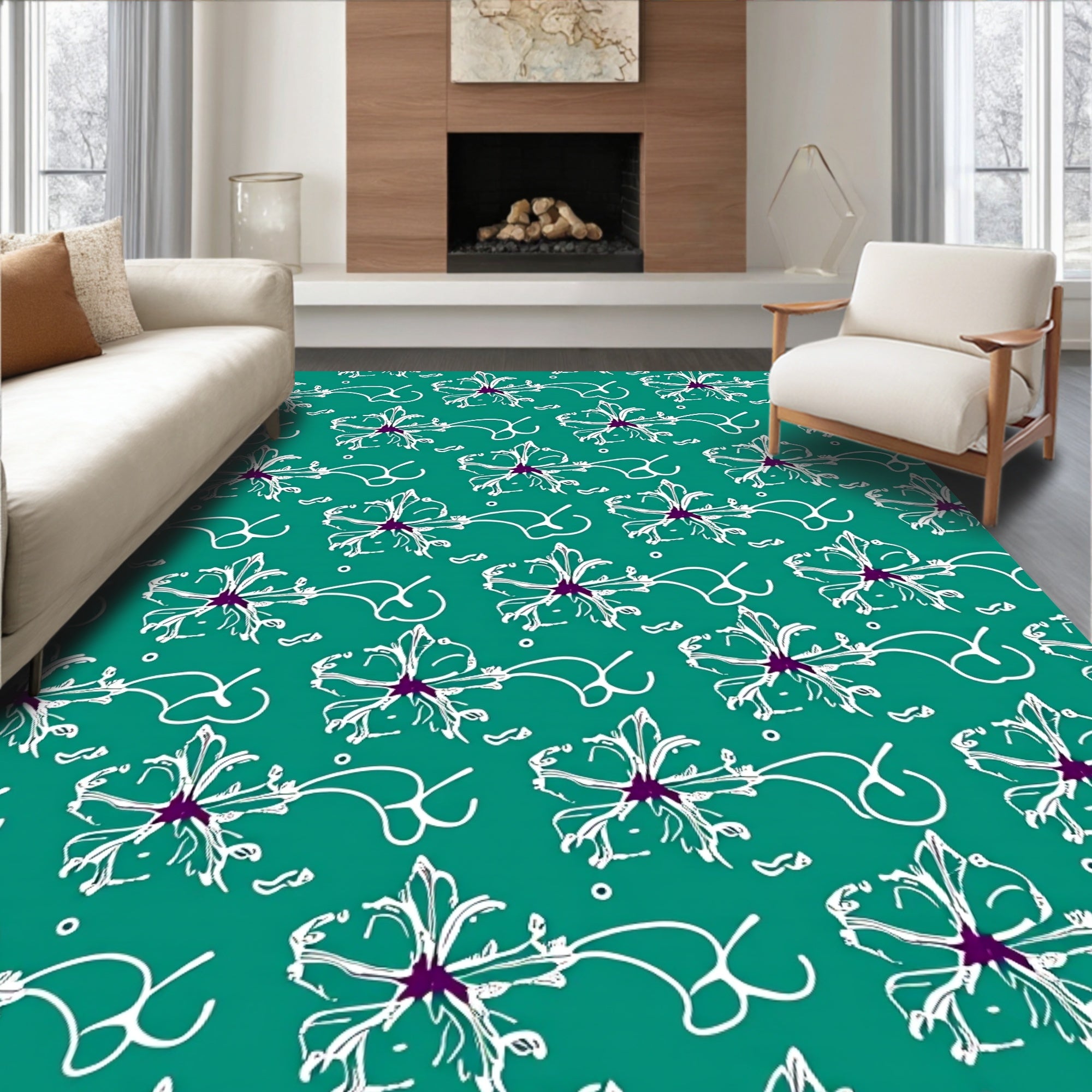 Teal White Floral Whimsical Vine Rug