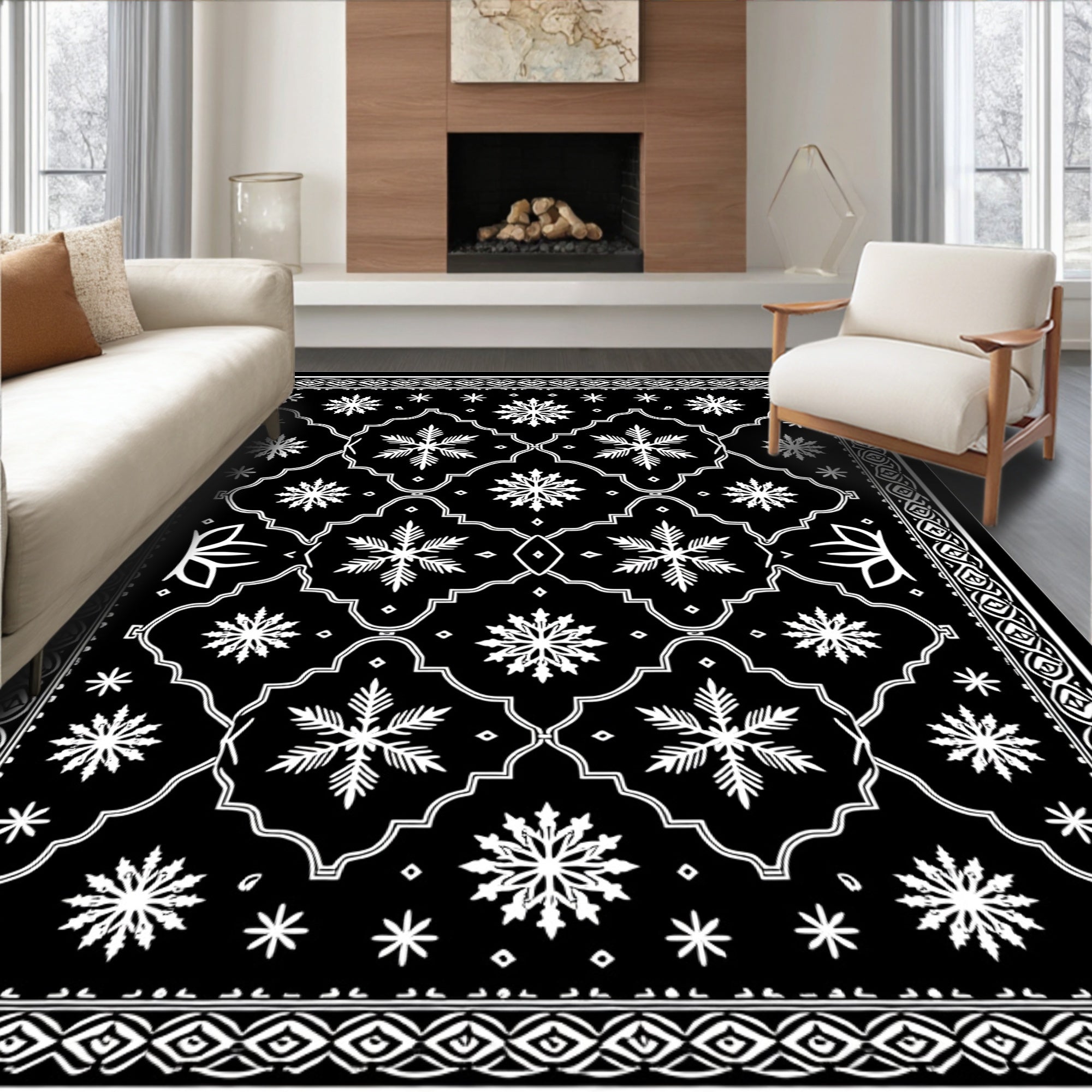 Black White Snowflake Lattice Rug