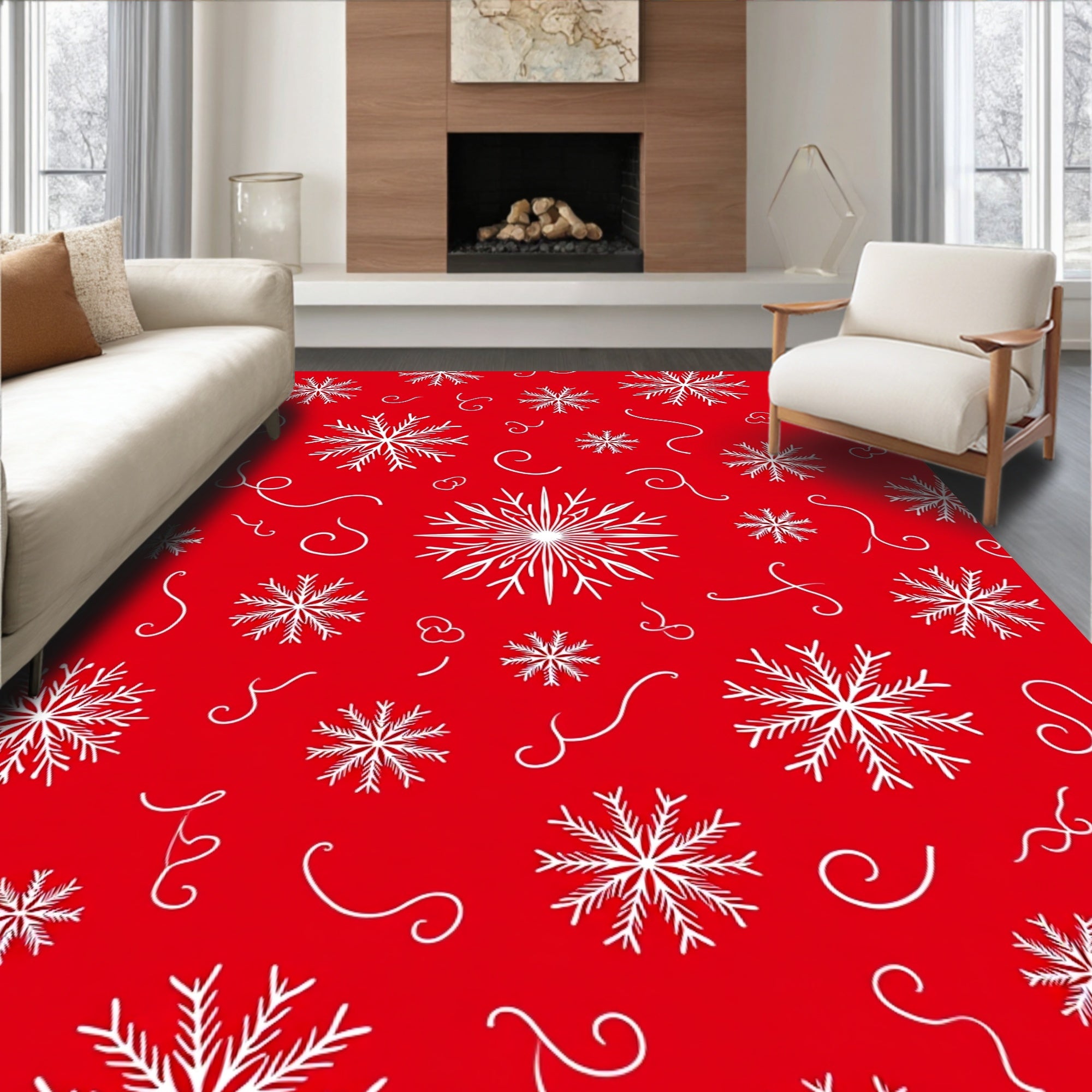 Winter White Snowflake Red Background Rug