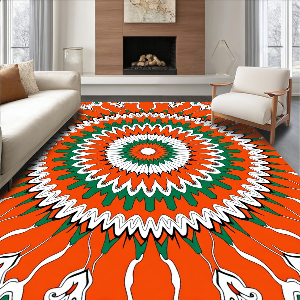 Vibrant Orange Green Sunburst Mandala Rug