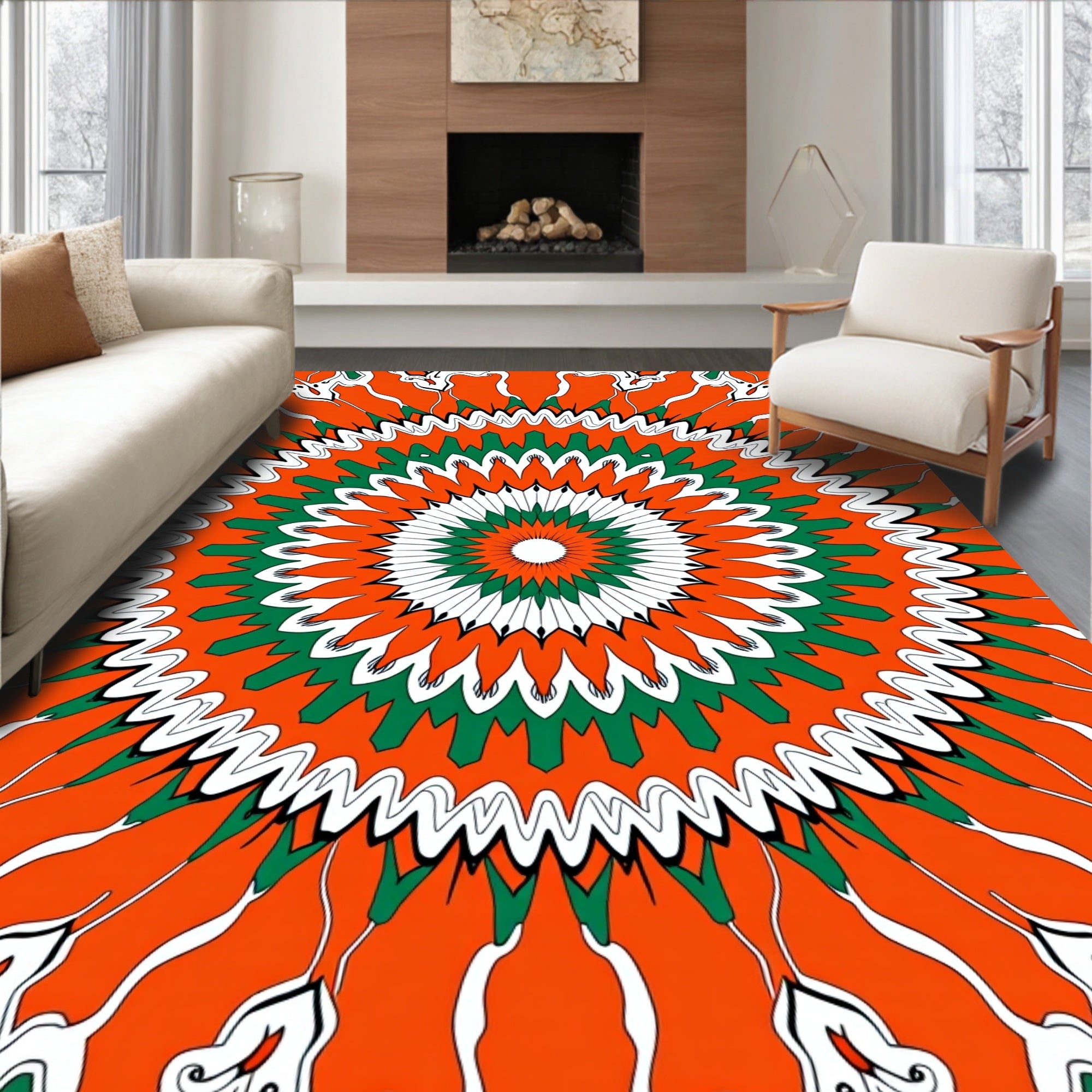 Vibrant Orange Green Sunburst Mandala Rug