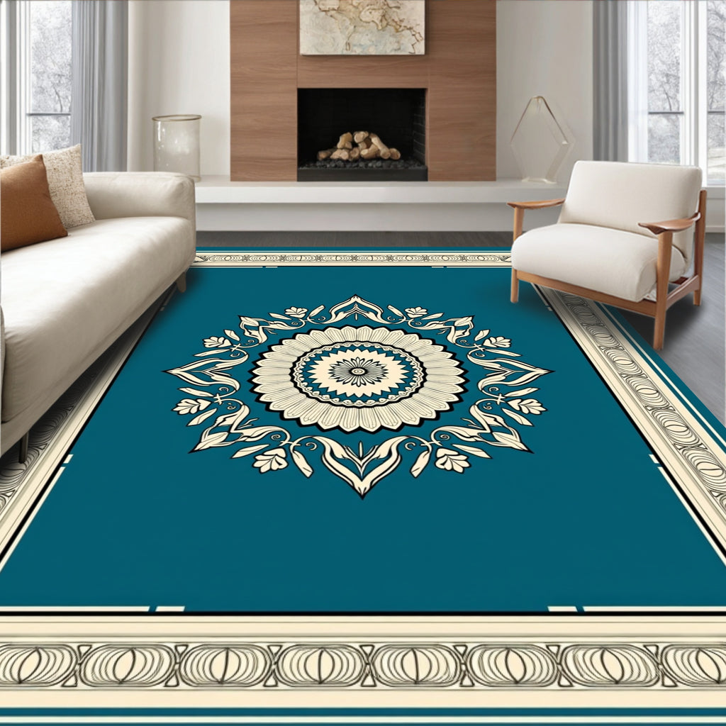 Teal Ivory Ornamental Medallion Frame Rug