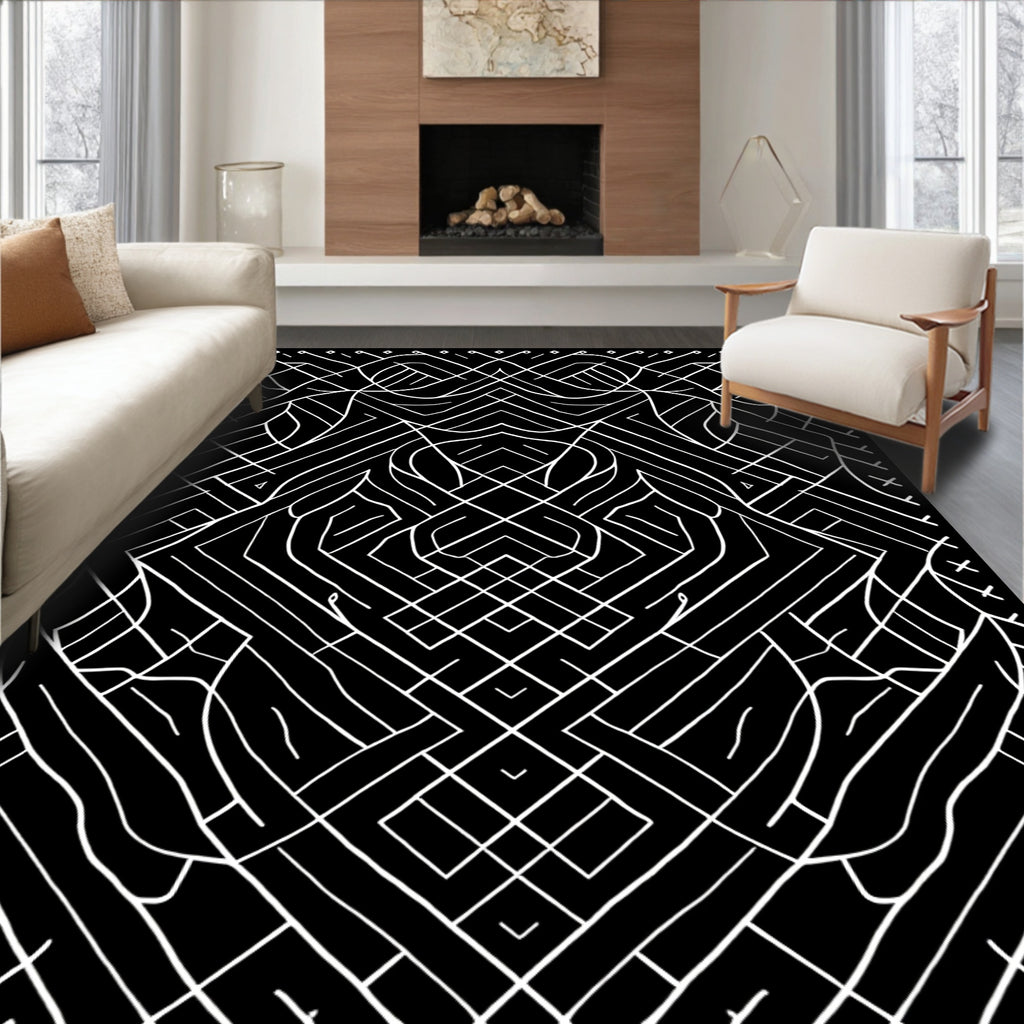 Linear Black White Abstract Geometric Rug
