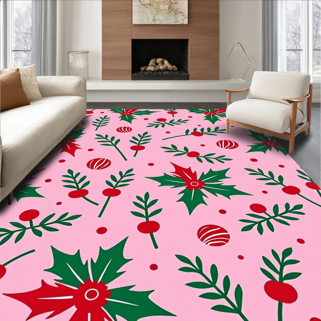 Pink Christmas Holly Berry Garland Rug