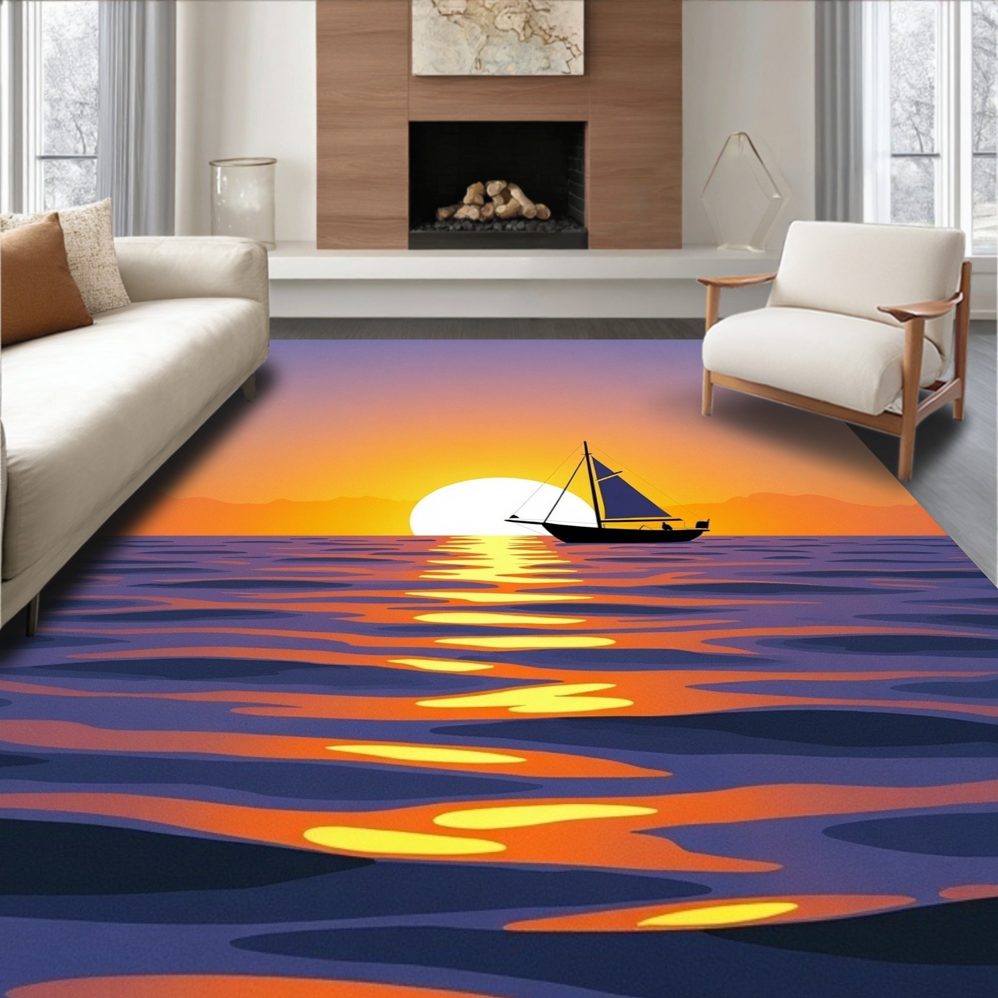 Sunset Sailboat Purple Orange Water Rug