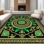 Bold Black Green Medallion Swirl Rug