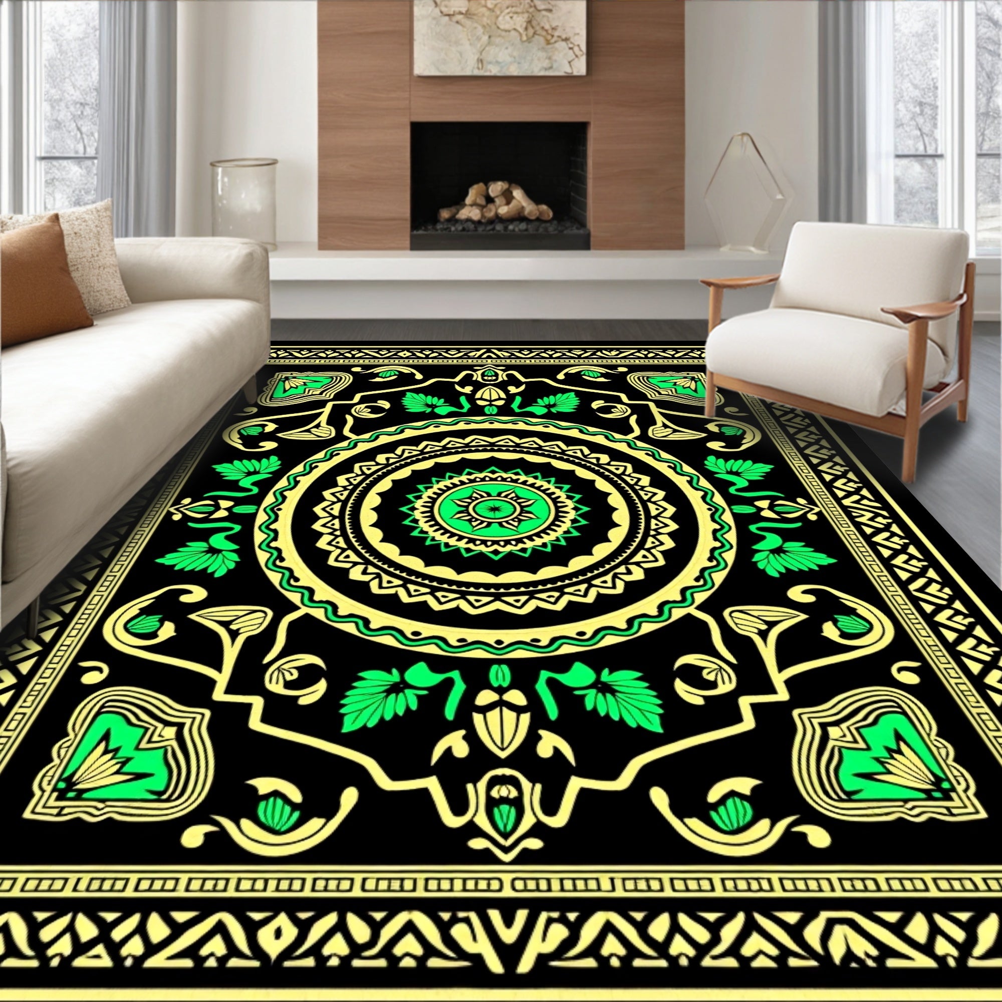 Bold Black Green Medallion Swirl Rug