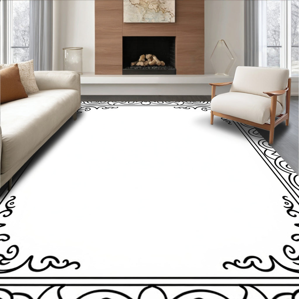 Ornate Black Scrollwork Border Rug