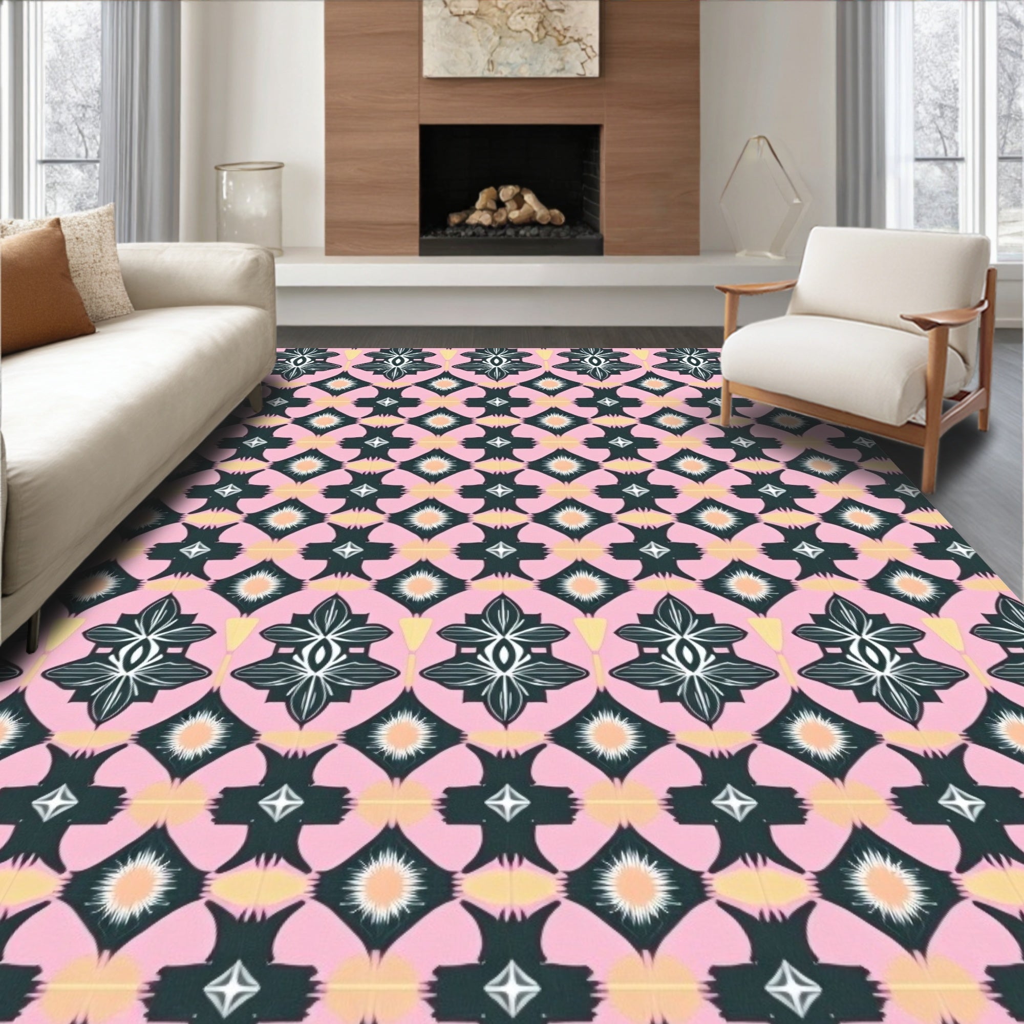 Dark Teal Pink Floral Diamond Tile Rug