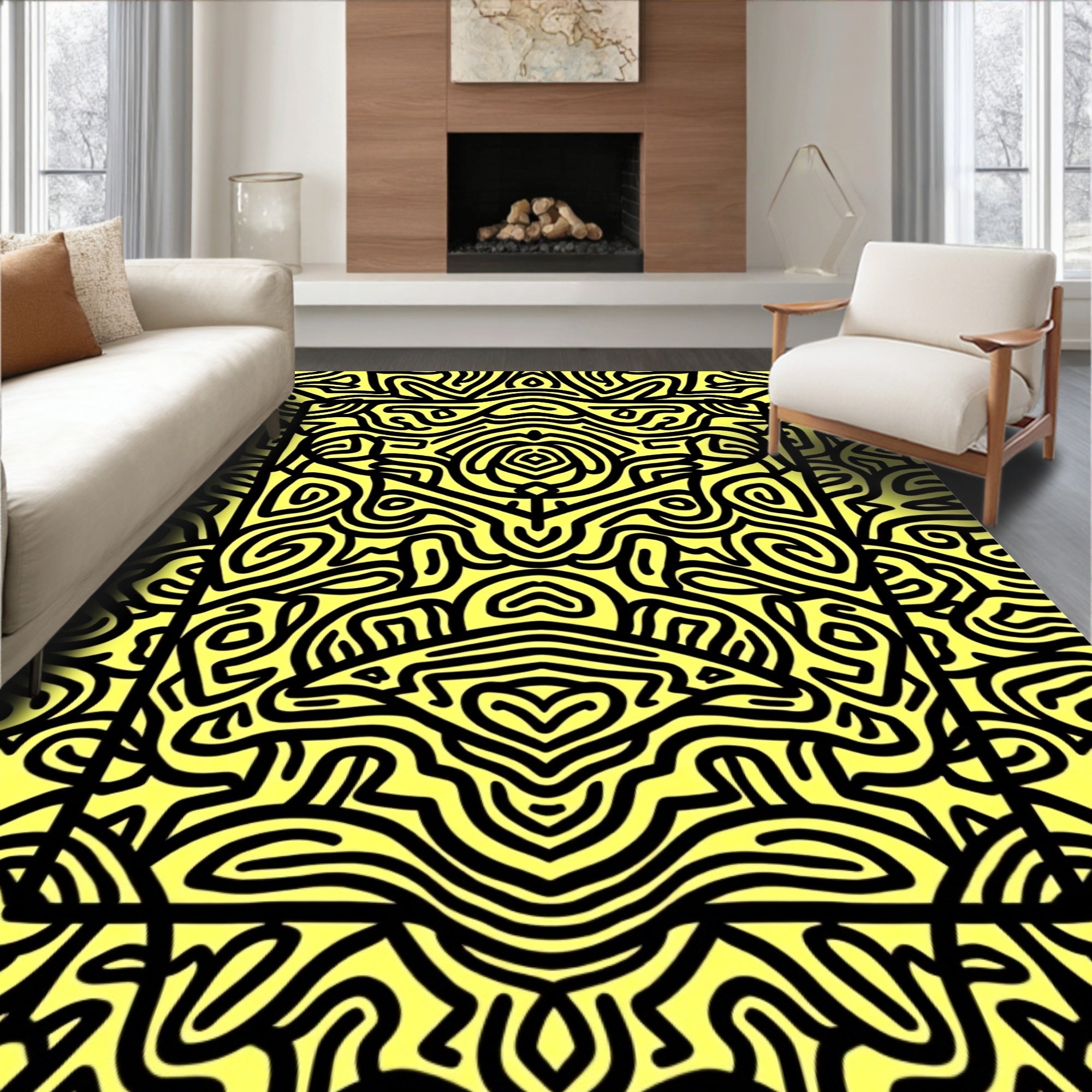 Black And Yellow Abstract Organic Lines Rug