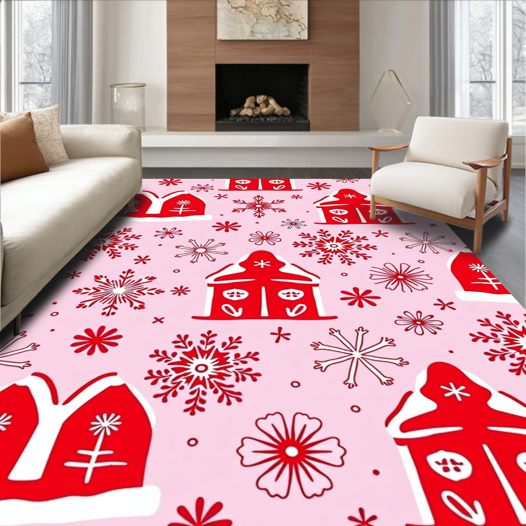 Red Gingerbread Houses Snowflakes Pink Rug