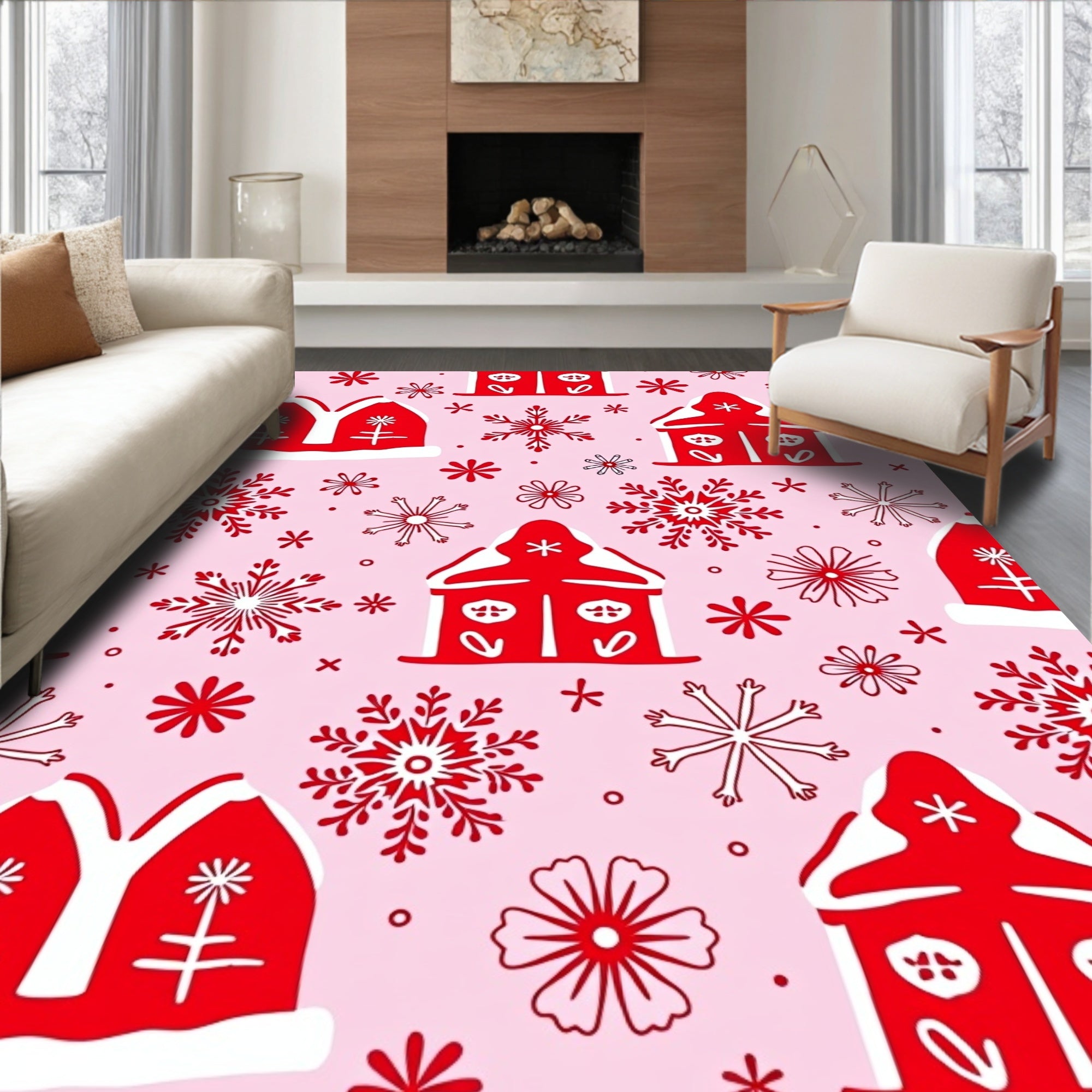 Red Gingerbread Houses Snowflakes Pink Rug
