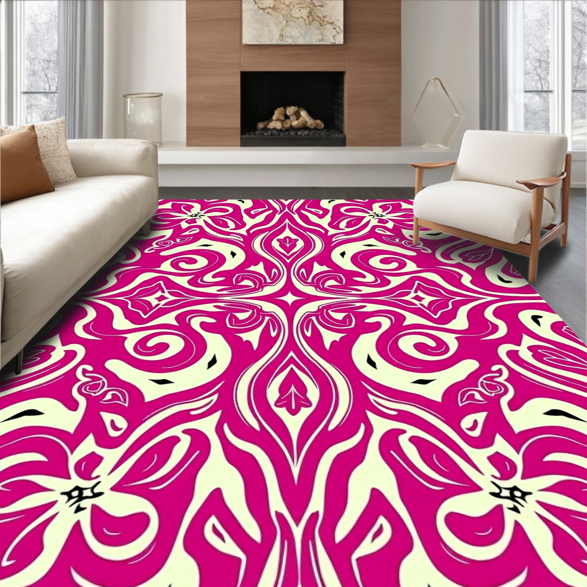 Vibrant Fuchsia Cream Floral Swirl Rug