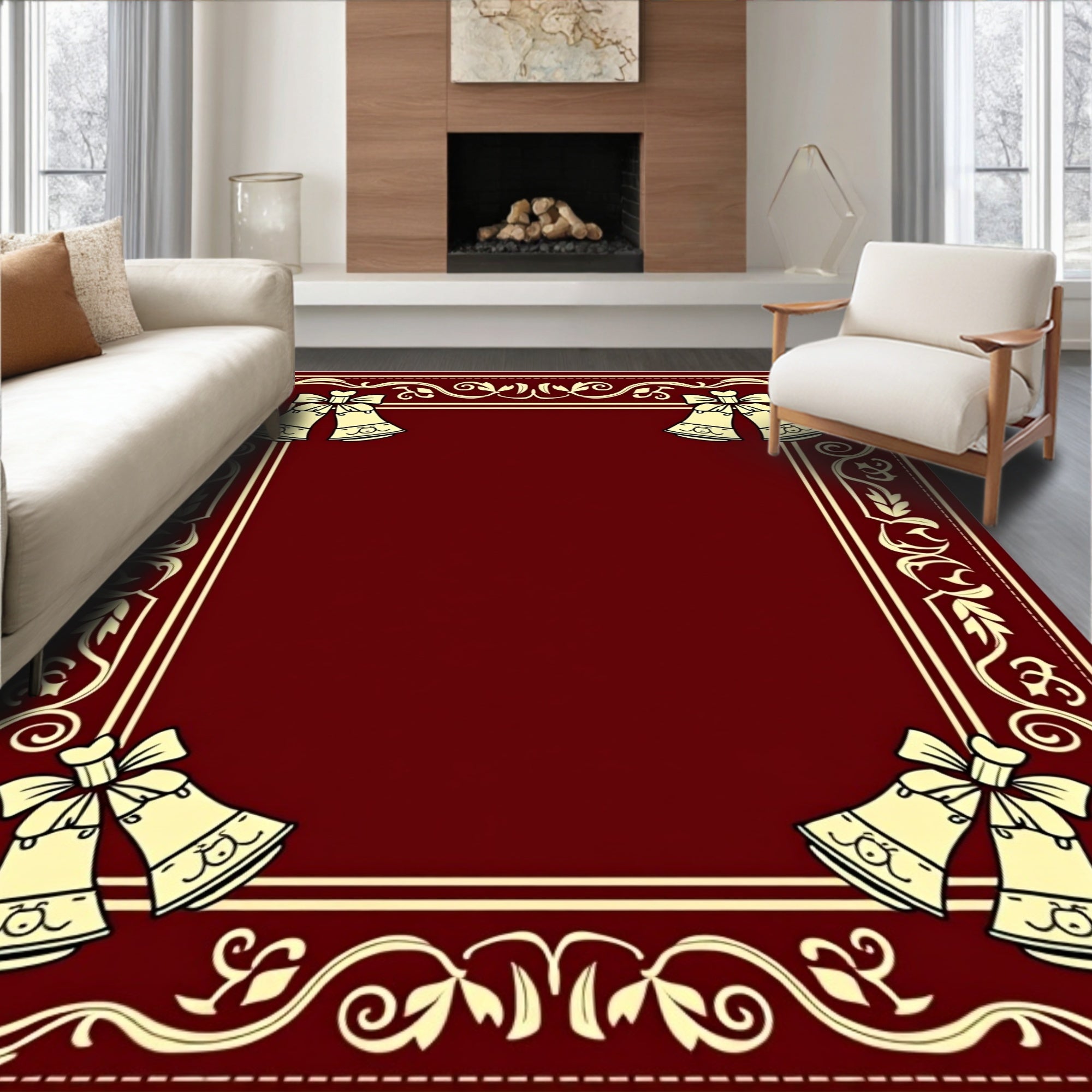 Crimson Bell Border with Swirling Vine Accents Rug
