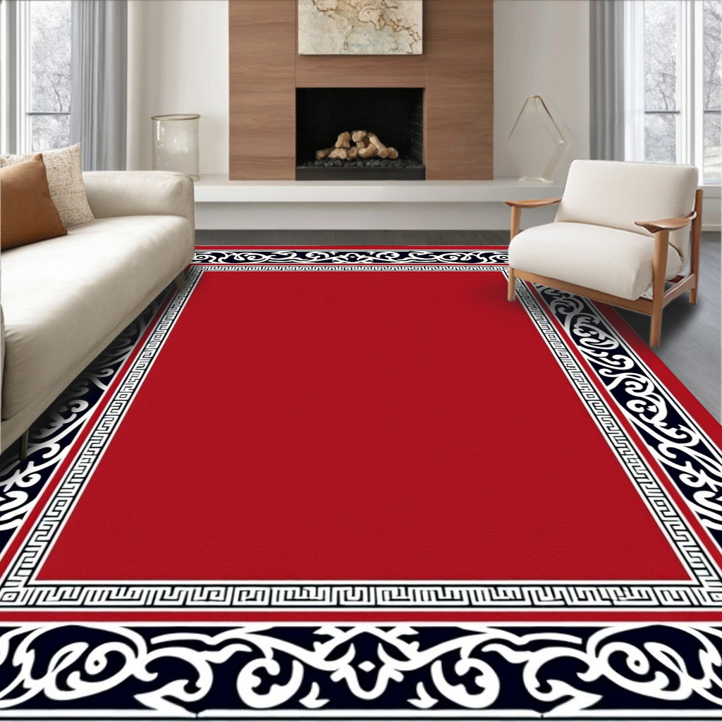 Crimson Red Black White Scroll Border Rug
