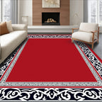 Crimson Red Black White Scroll Border Rug