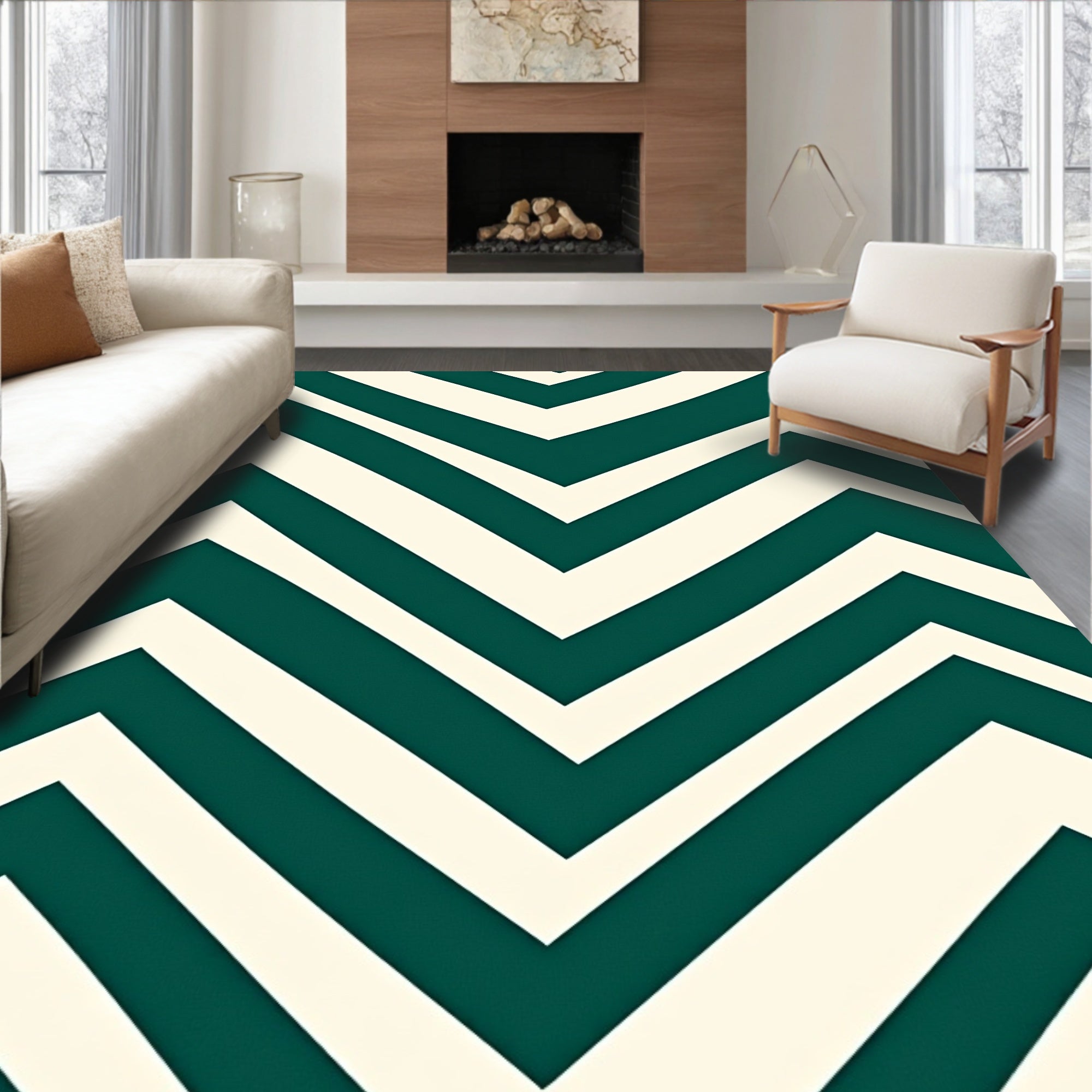 Deep Teal Cream Chevron Zigzag Rug