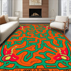 Vibrant Orange Green Tribal Maze Rug