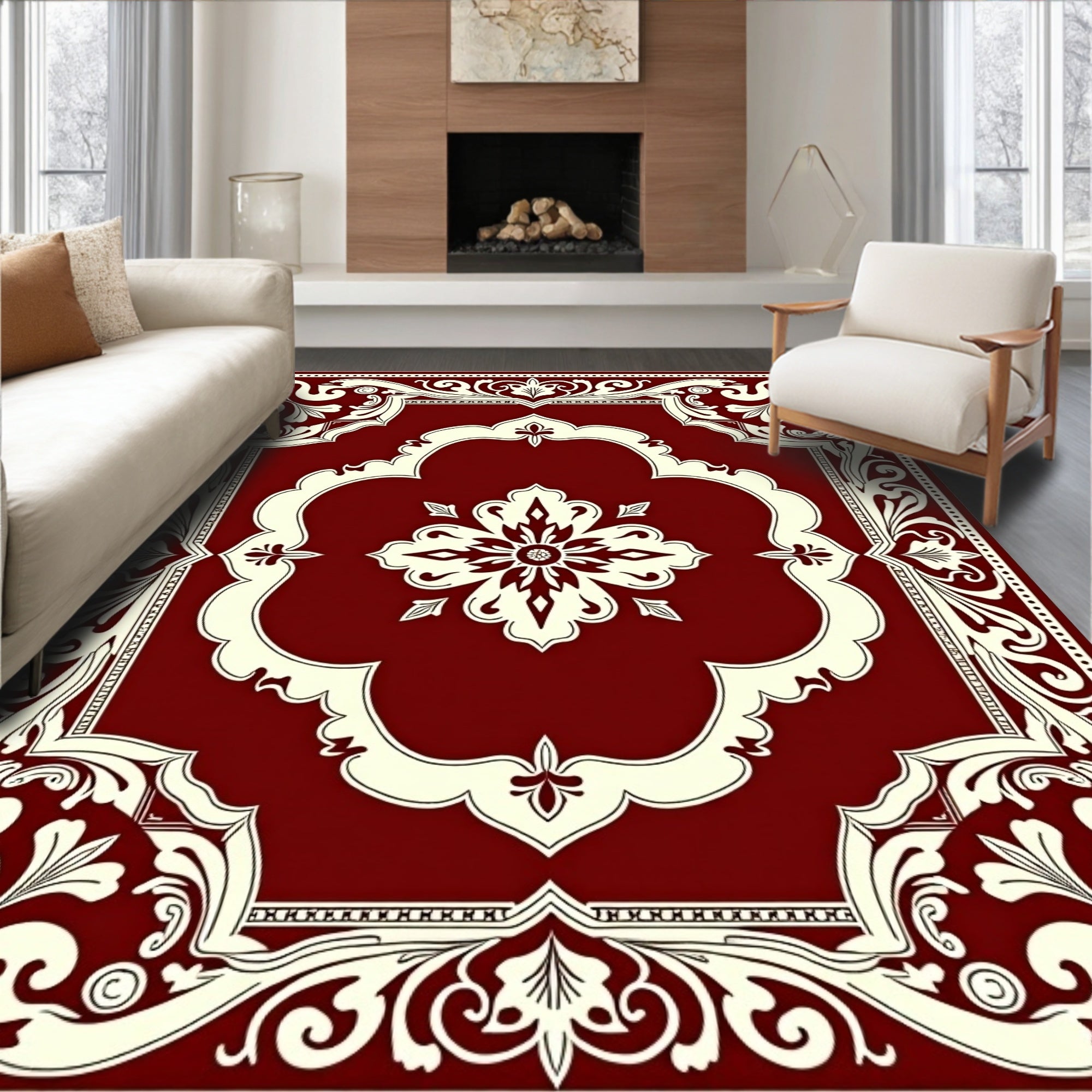 Crimson Ivory Ornate Medallion Border Rug