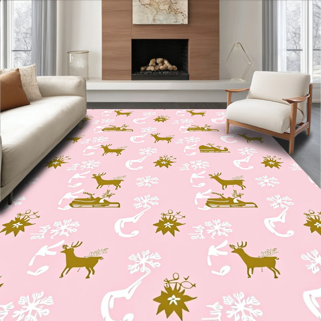Whimsical Gold Deer Sleigh Snowflakes Pink Rug