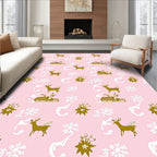 Whimsical Gold Deer Sleigh Snowflakes Pink Rug