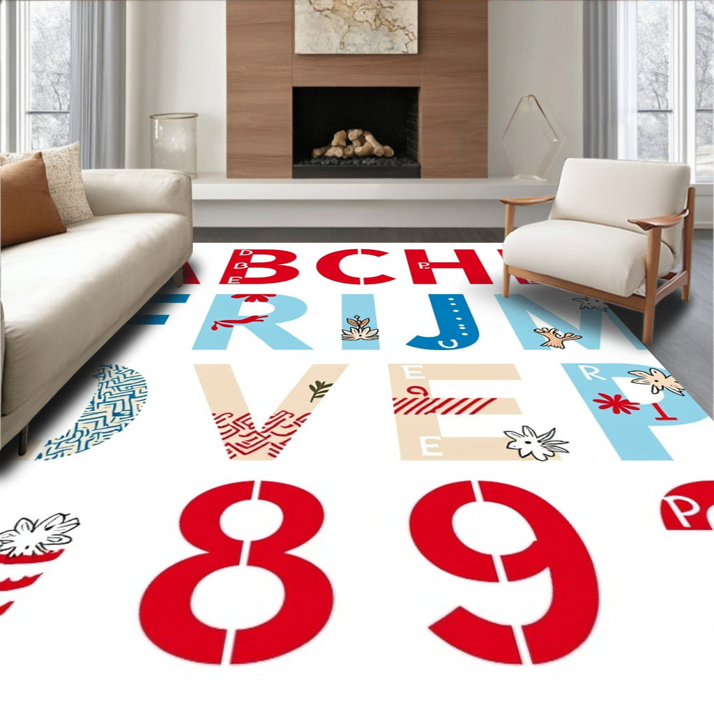 Red Blue Alphabet Illustrations With Florals Rug