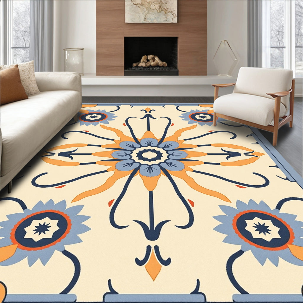 Retro Orange Blue Floral Medallion Rug