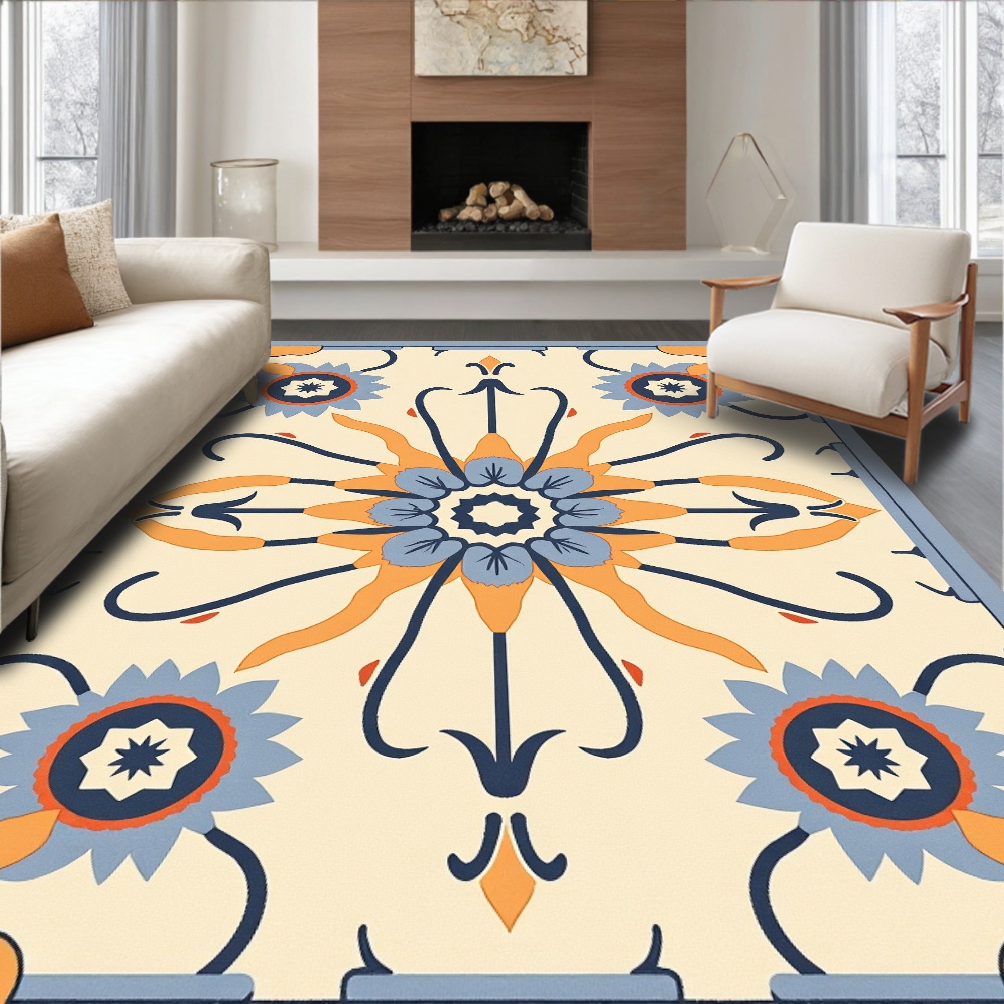 Retro Orange Blue Floral Medallion Rug