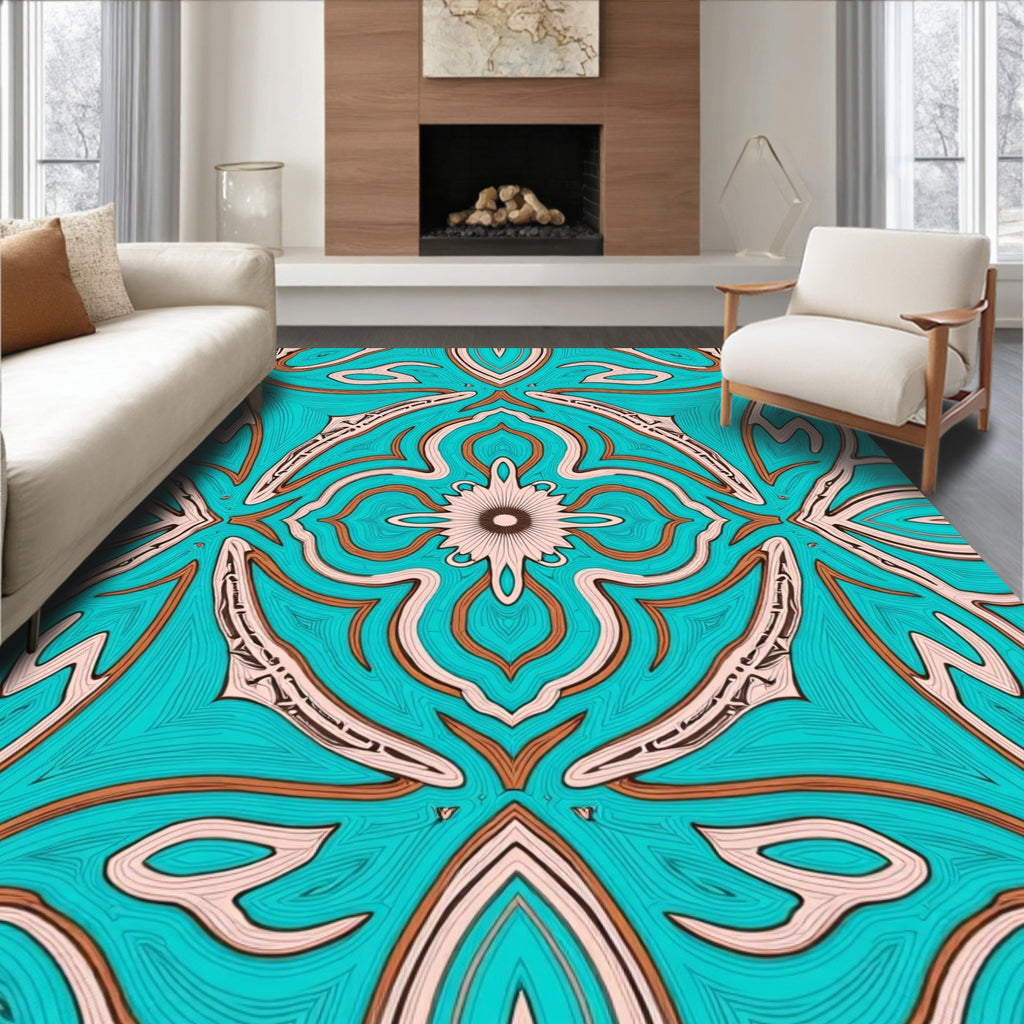 Turquoise Orange Beige Floral Medallion Rug