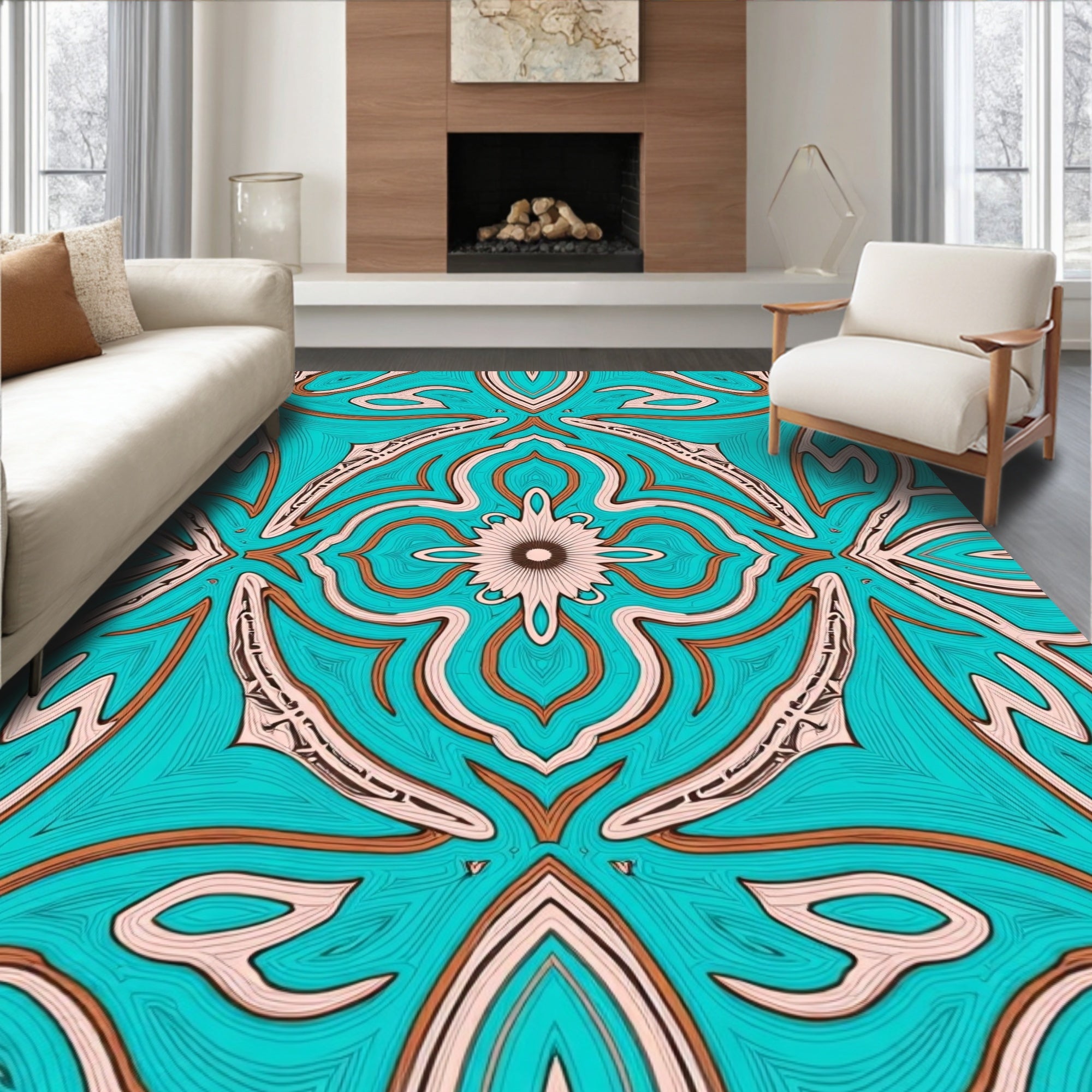 Turquoise Orange Beige Floral Medallion Rug