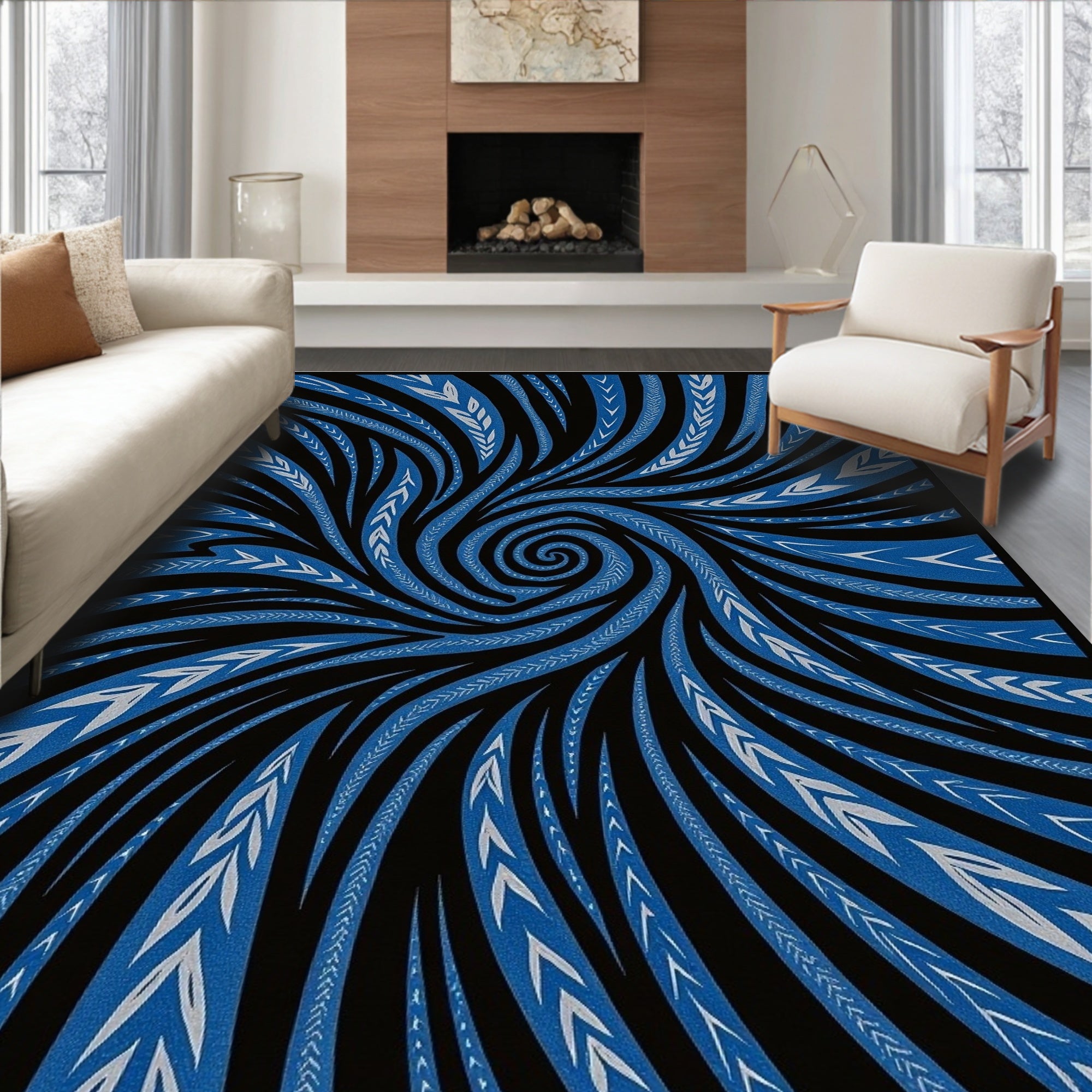 Abstract Blue Swirl Feathered Lines Rug