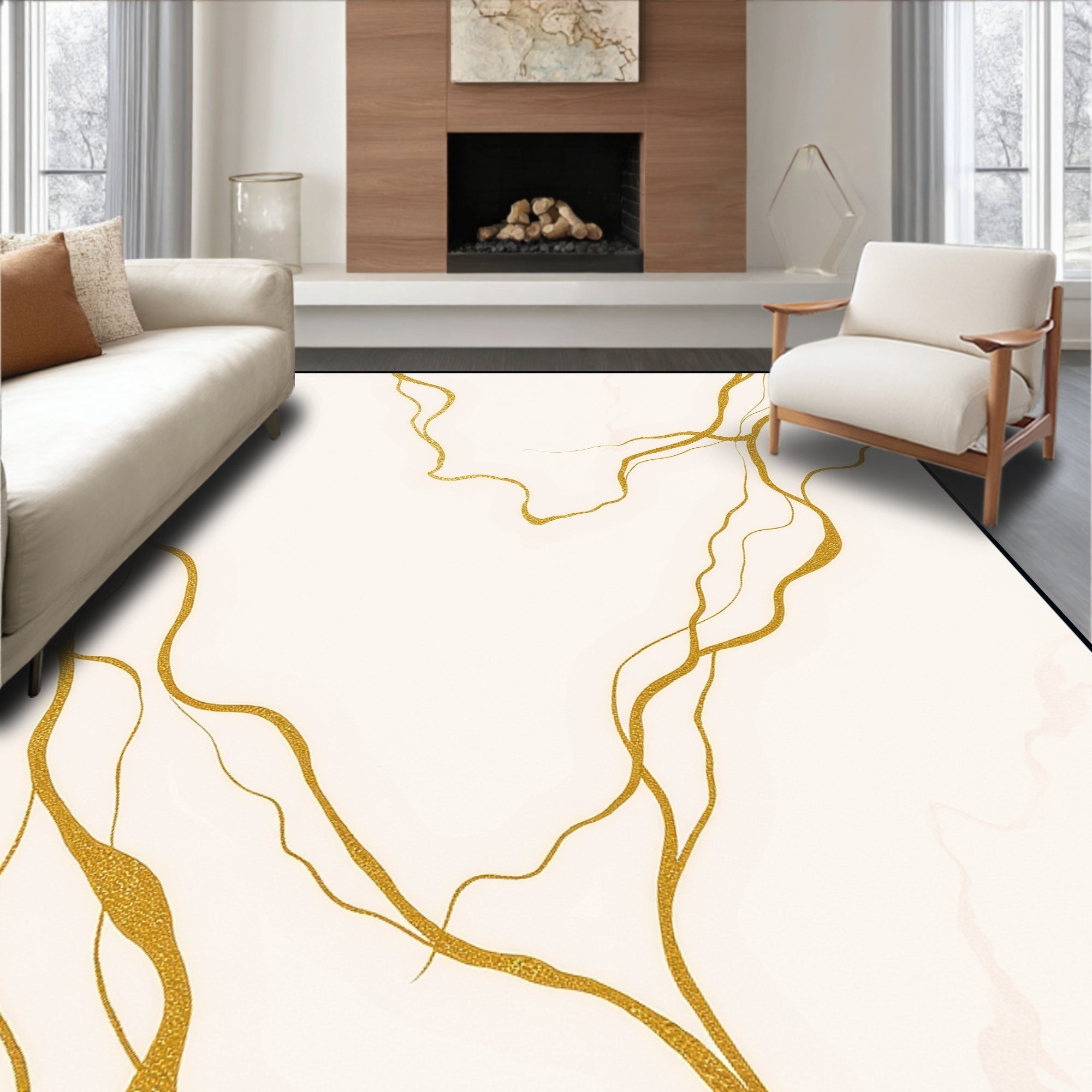 Cream Gold Veined Swirl Rug