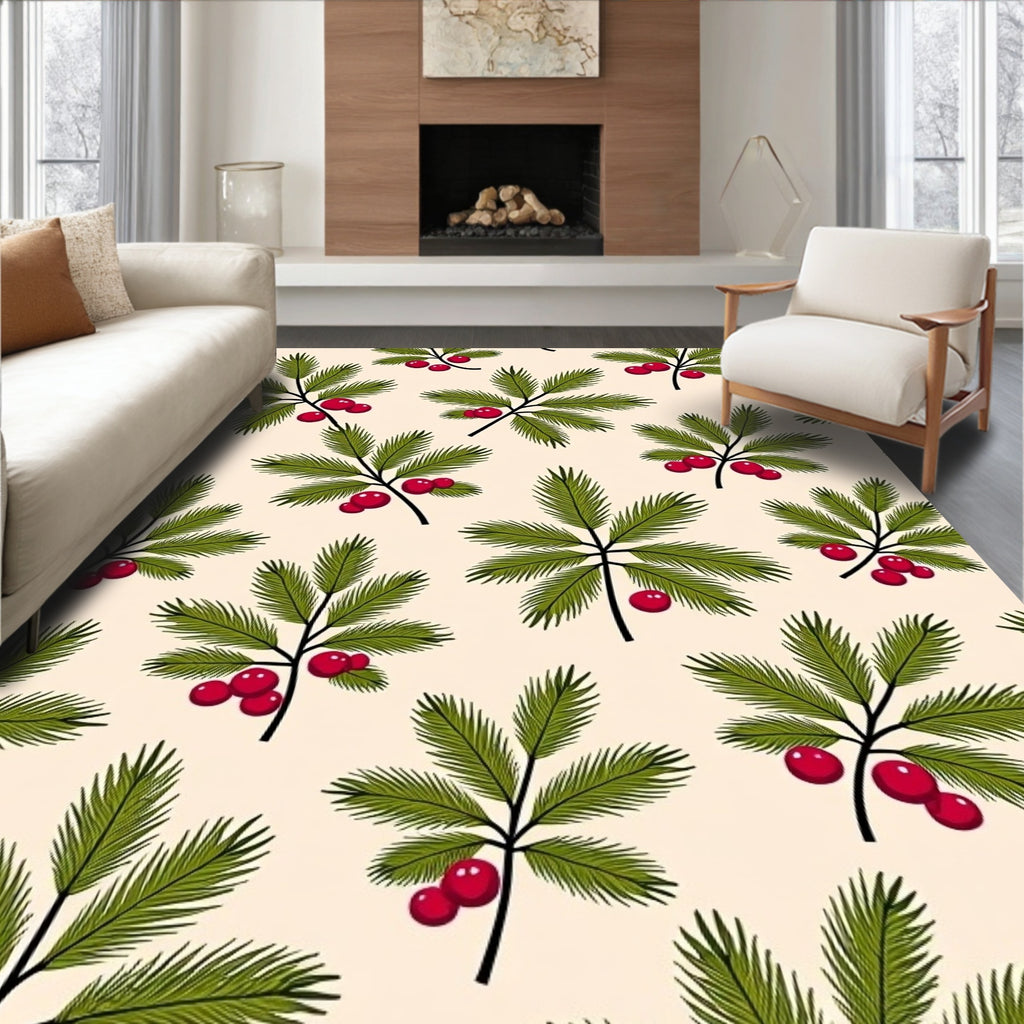 Festive Green Pine Holly Berry Rug