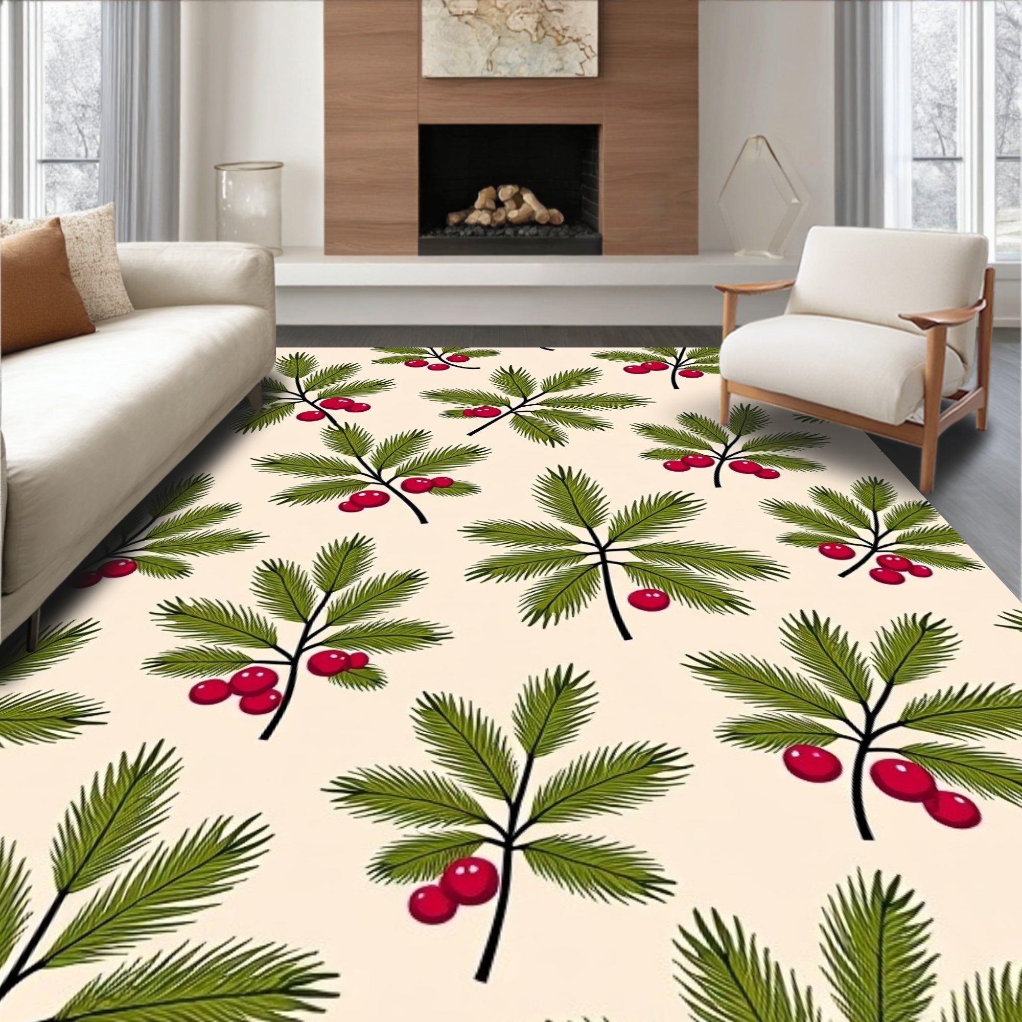 Festive Green Pine Holly Berry Rug