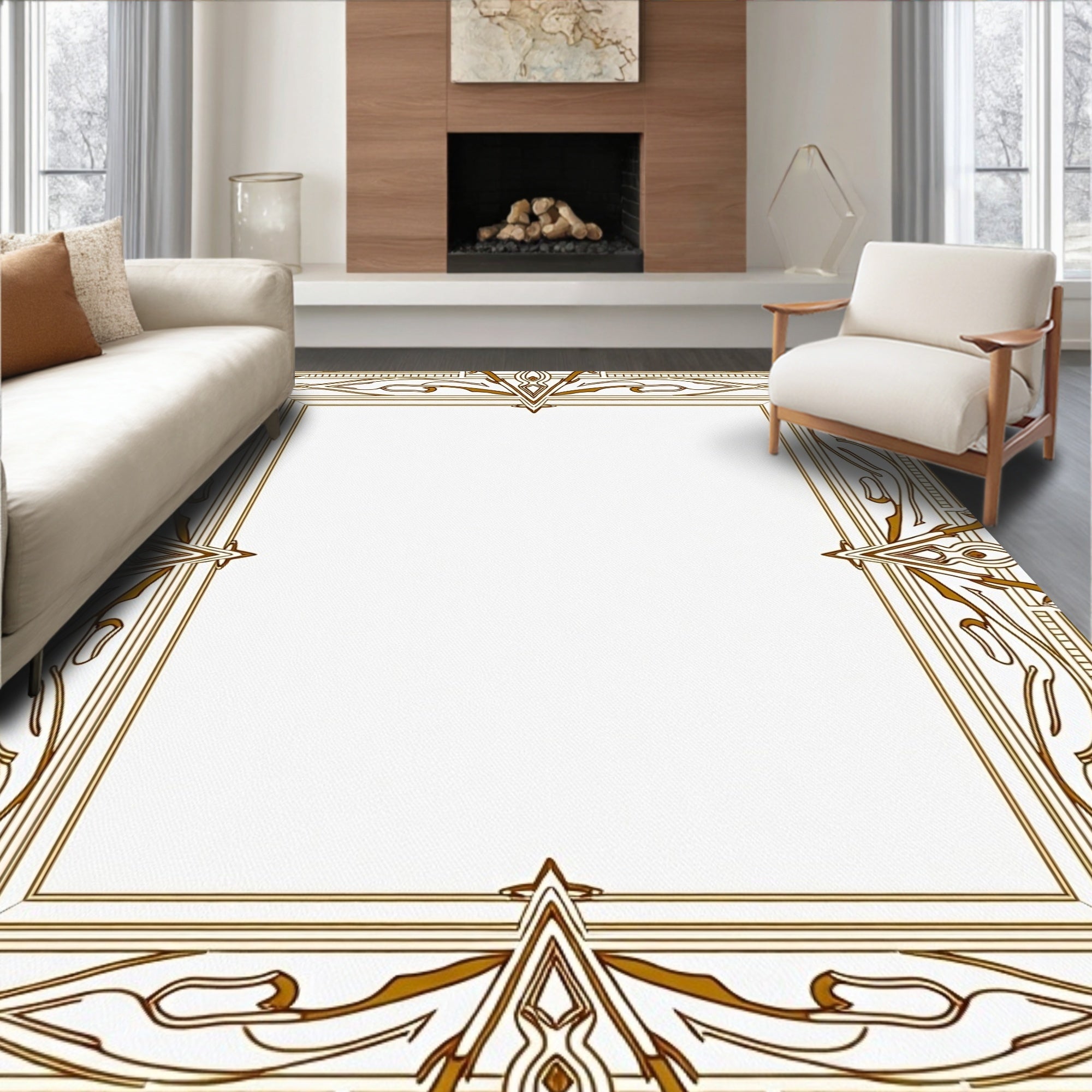 Ornate Golden Geometric Border Rug