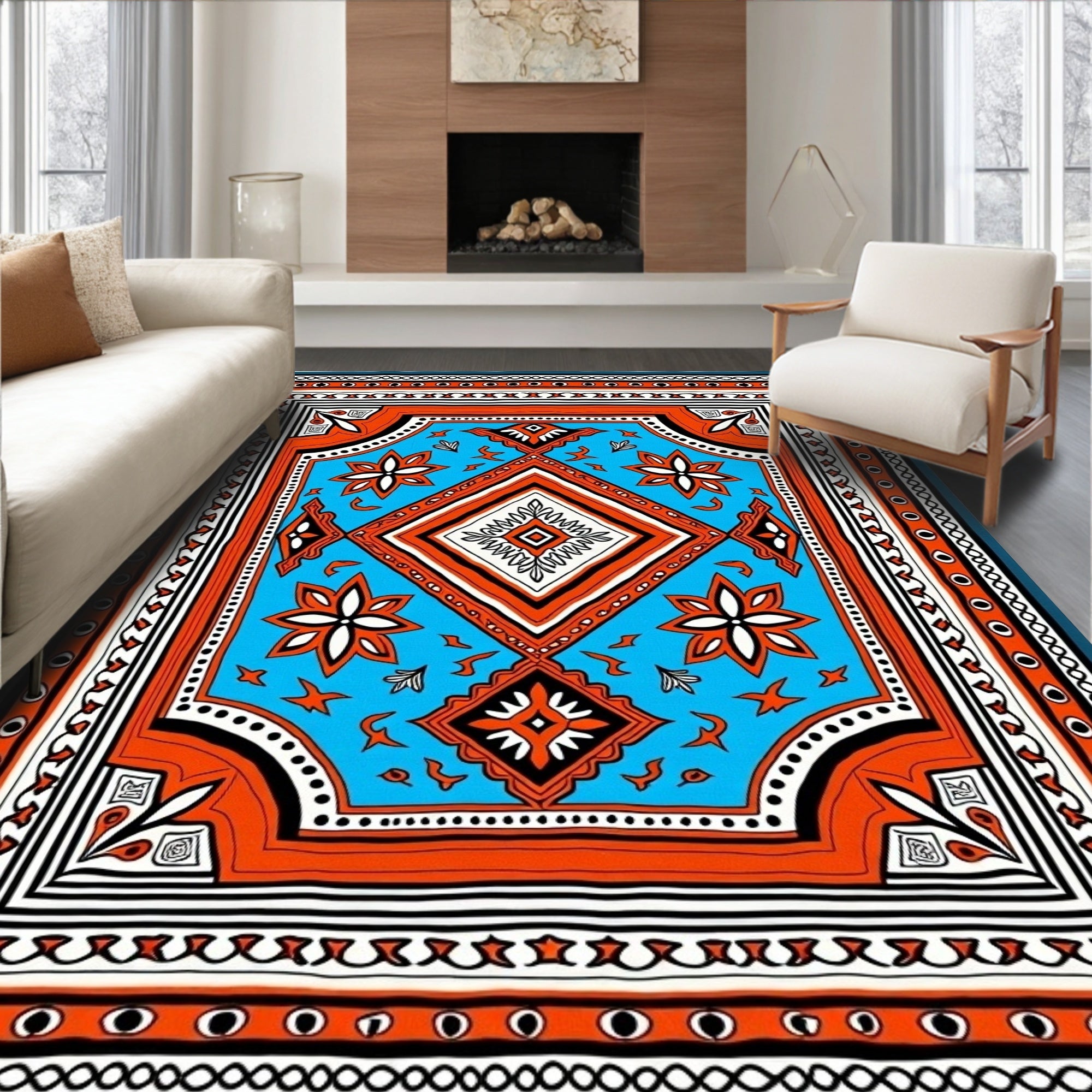 Vibrant Aqua Orange Geometric Diamond Rug