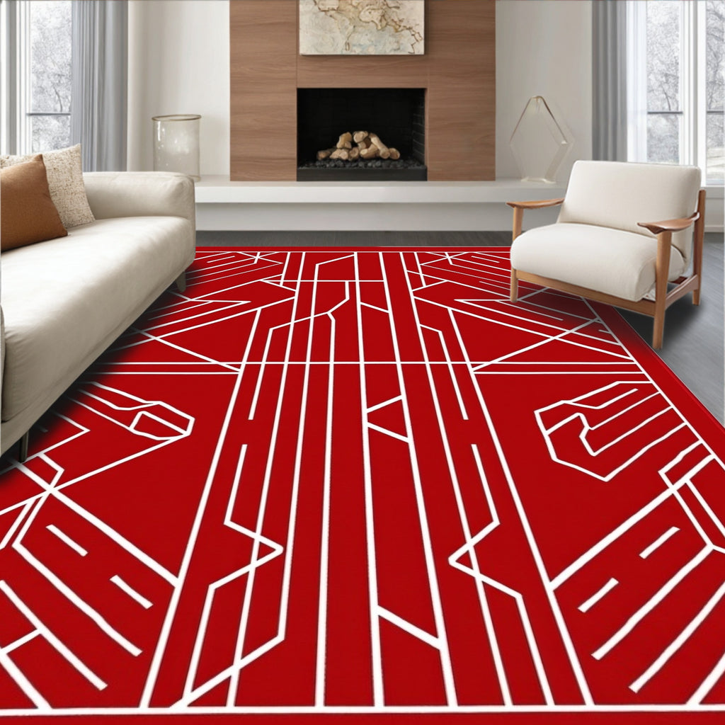 Crimson White Geometric Art Deco Rug