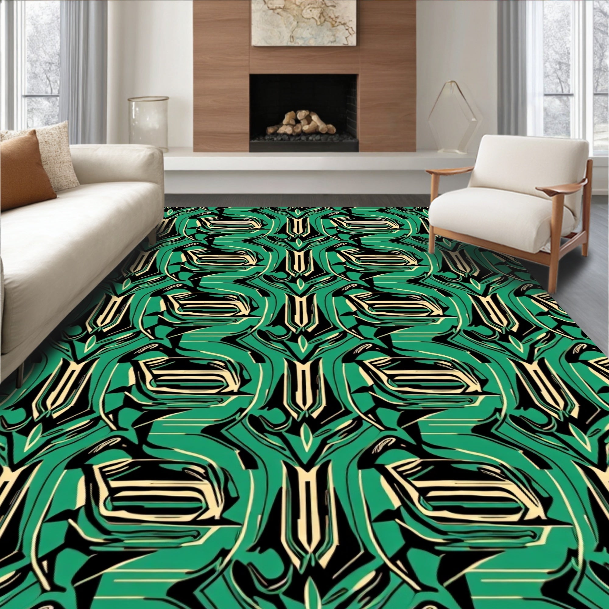 Emerald Black Cream Abstract Symmetry Rug